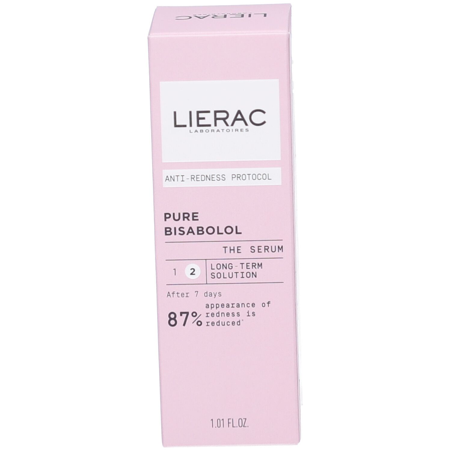Emballage rose avec informations produit et logo. Lierac Anti-Rougeurs Protocol.