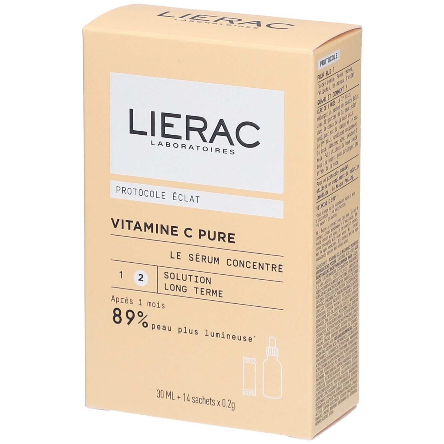 Boîte en carton beige avec logo LIERAC et informations produit. Contient des illustrations de sérum et de sachet.