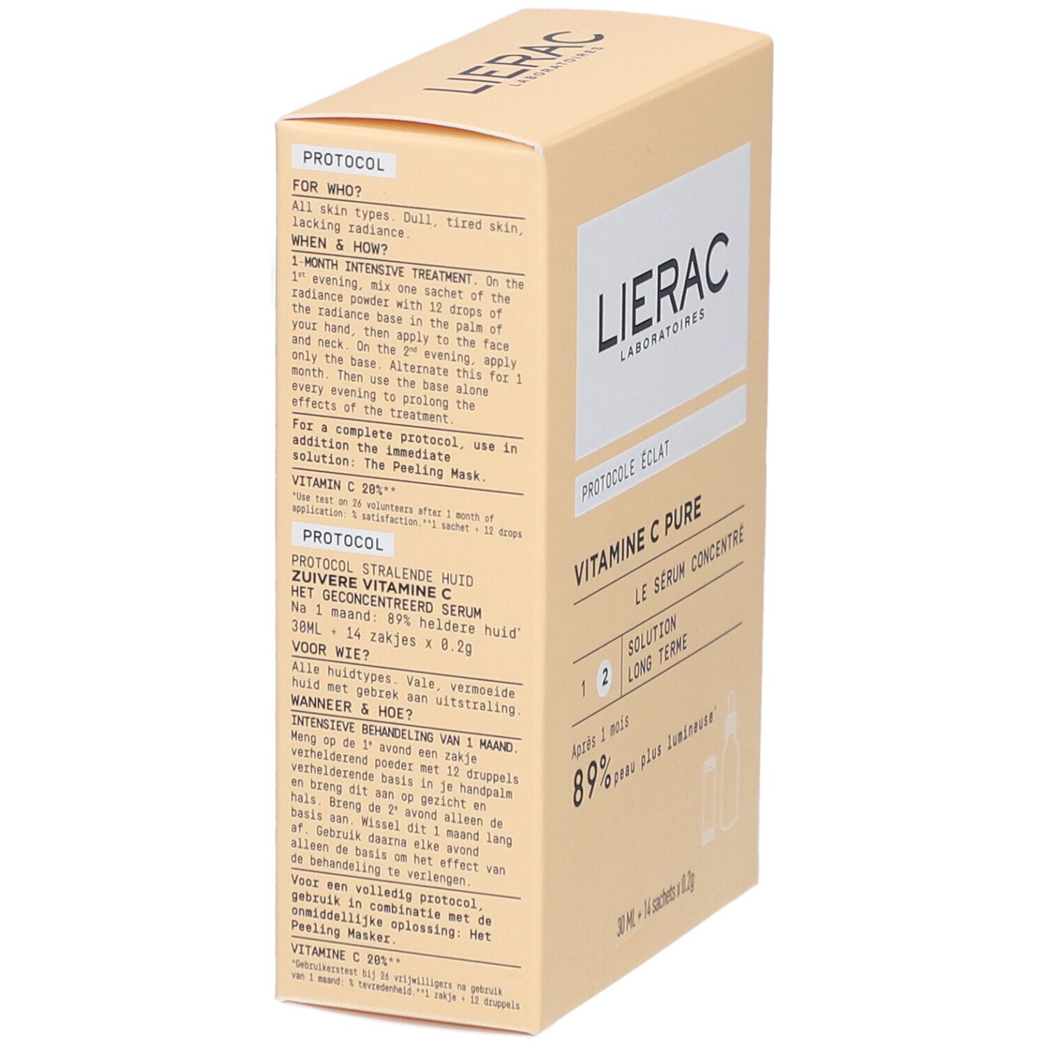 Boîte en carton beige avec logo LIERAC et informations produit. Contient du texte sur l'utilisation et les ingrédients.