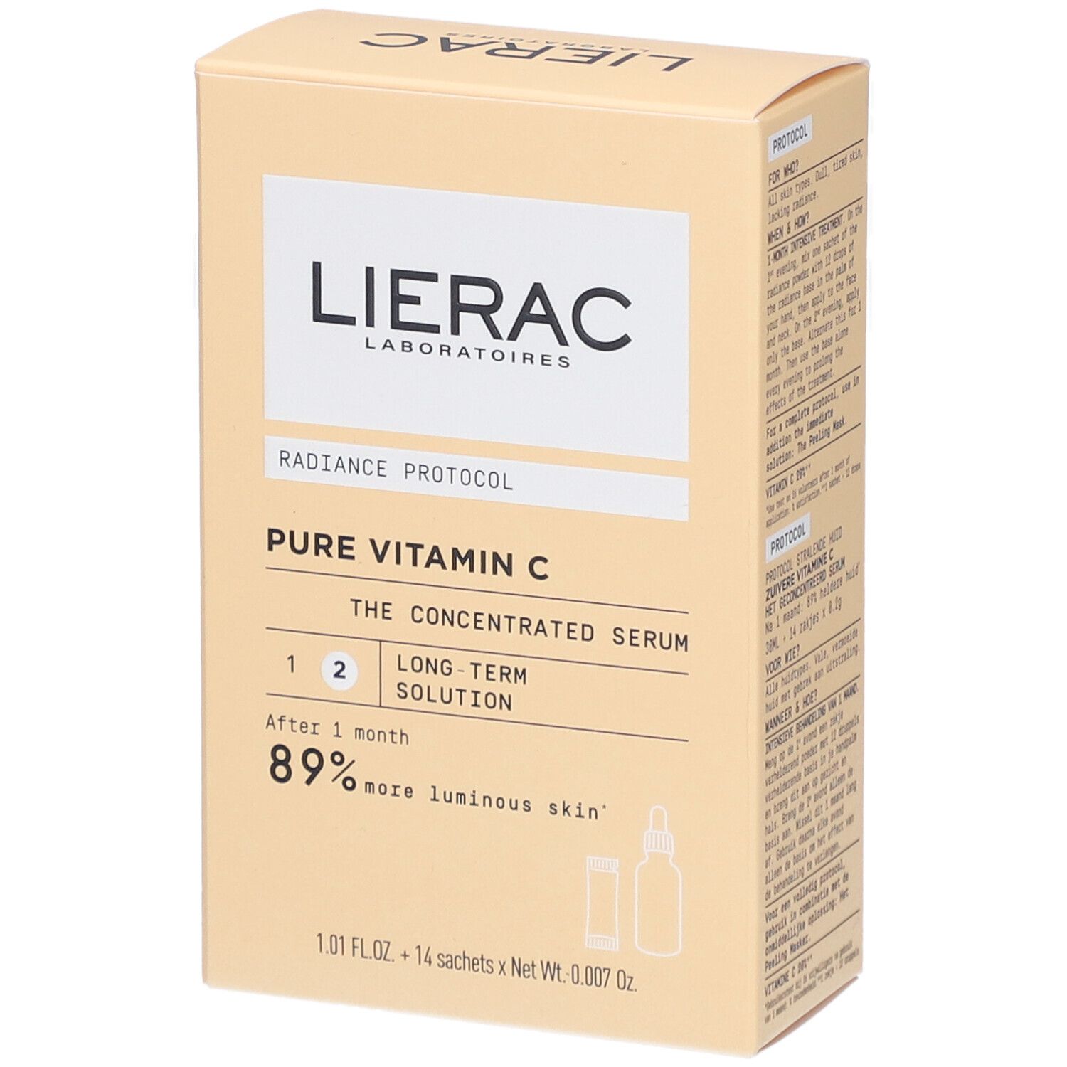 Boîte en carton beige avec logo LIERAC et informations produit. Contient du texte sur l'utilisation et les ingrédients.