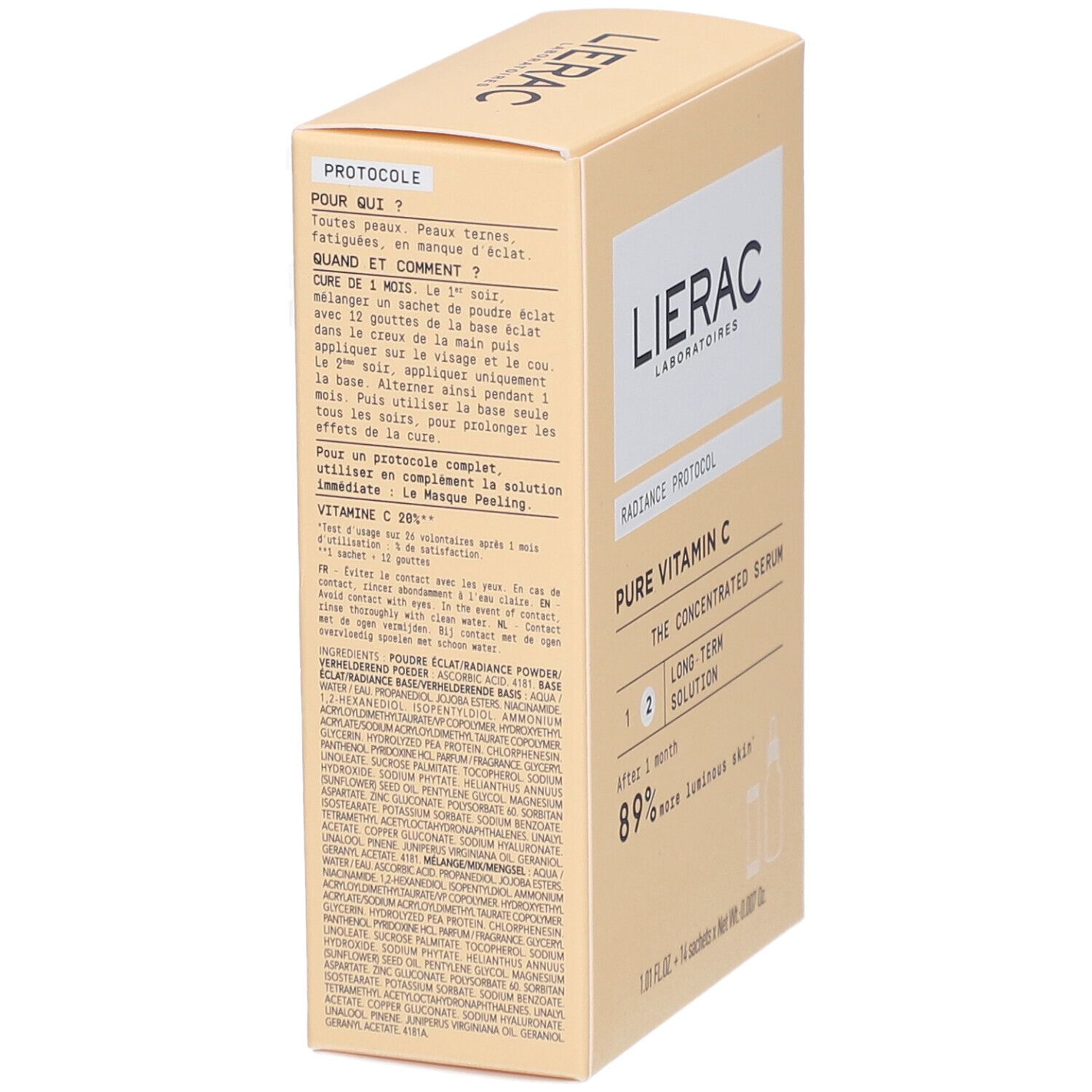 Boîte en carton beige avec logo LIERAC et informations produit. Contient du texte sur l'utilisation et les ingrédients.