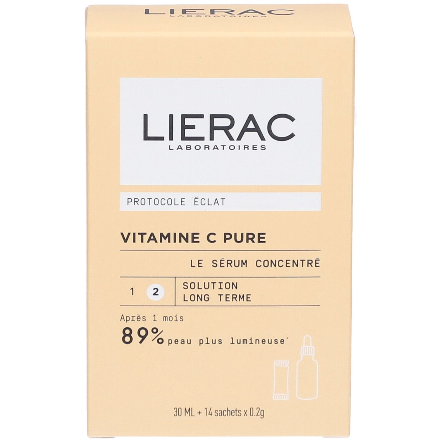 Boîte en carton beige avec logo LIERAC et informations produit. Contient des illustrations de sérum et de sachet.