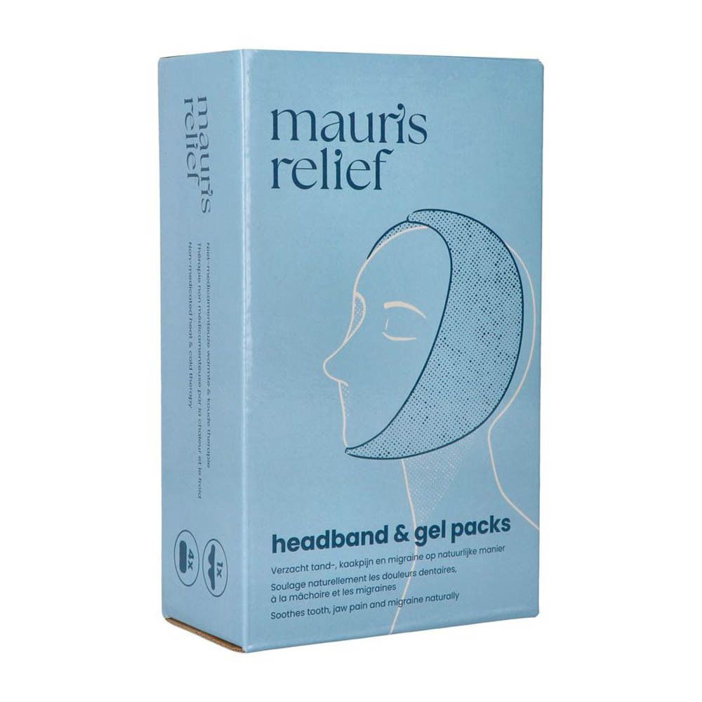 Boîte bleu clair avec illustration du produit. Inscription: mauri's relief. Texte: headband & gel packs. Contient bandeau et packs de gel.