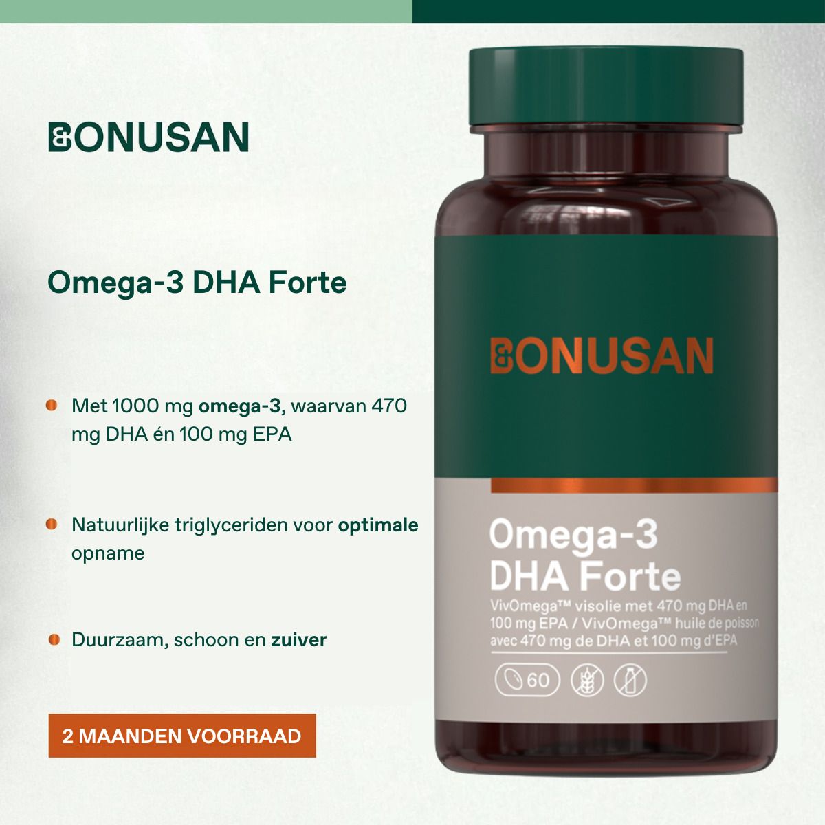 Flacon brun avec bouchon vert. Inscription : Omega-3 DHA Forte. Marque : BONUSAN. Contient 60 gélules. Texte en néerlandais.