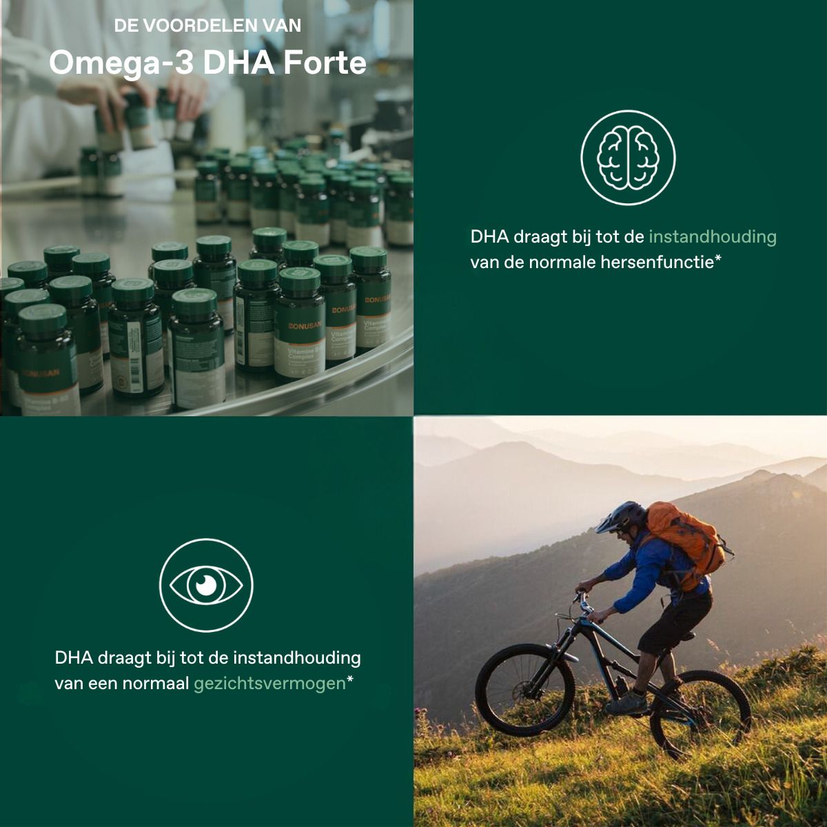 Quatre images. Omega-3 DHA Forte. Images de flacons, cerveau, œil et personne à vélo. Texte en néerlandais.