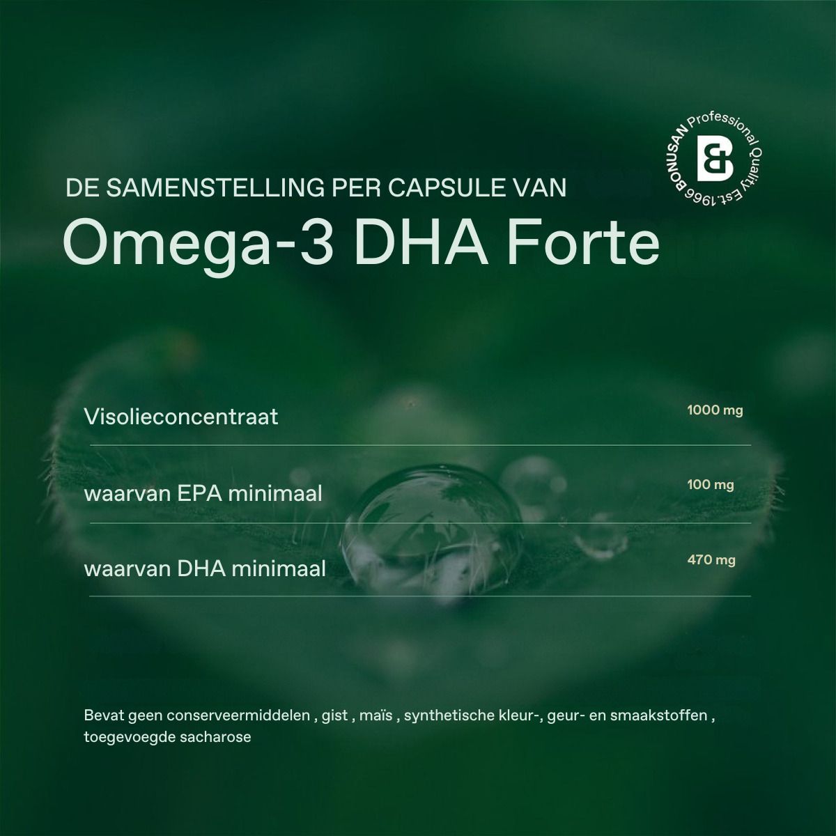 Composition par capsule d'Omega-3 DHA Forte. Gouttes, texte en néerlandais. 1000mg, 100mg, 470mg.