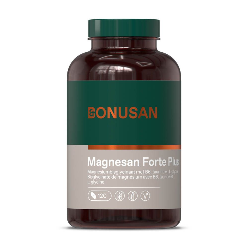Flacon brun avec bouchon blanc. Étiquette avec nom du produit Magnesan Forte Plus et logo Bonusan.