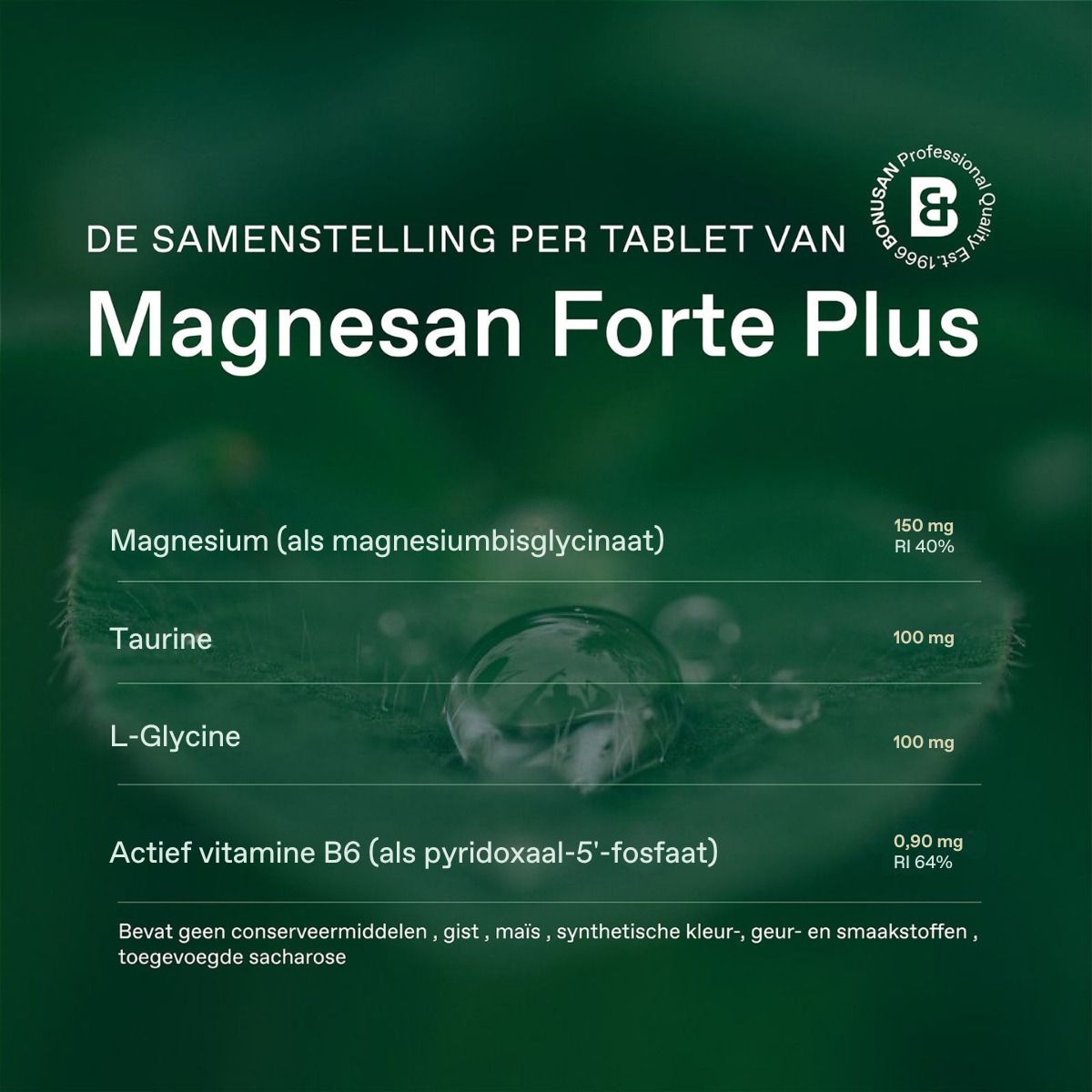 Diagramme avec ingrédients par comprimé de Magnesan Forte Plus. Magnésium, taurine, L-glycine et vitamine B6.