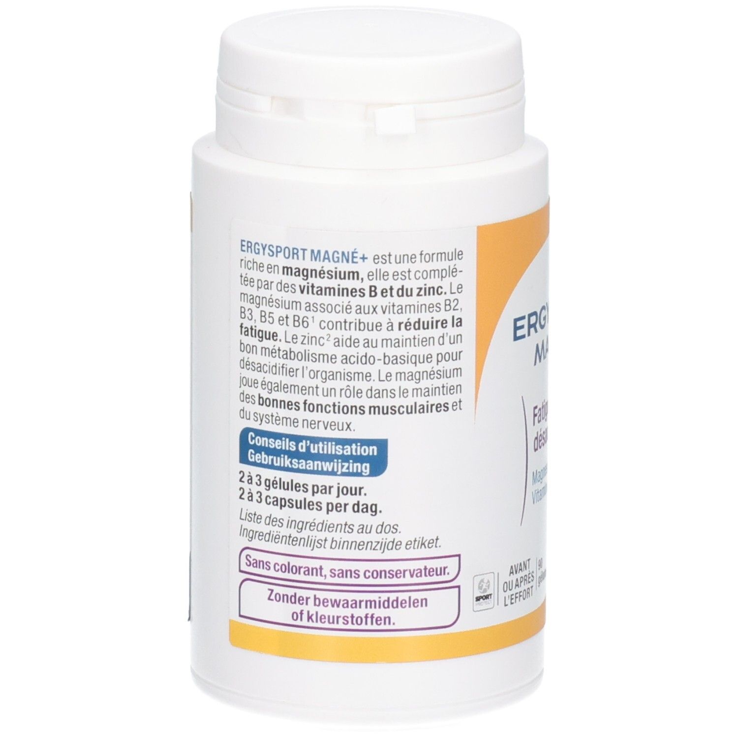 Dos du flacon blanc Ergysport Magne+. Texte en français et néerlandais. Sans colorant, sans conservateur.