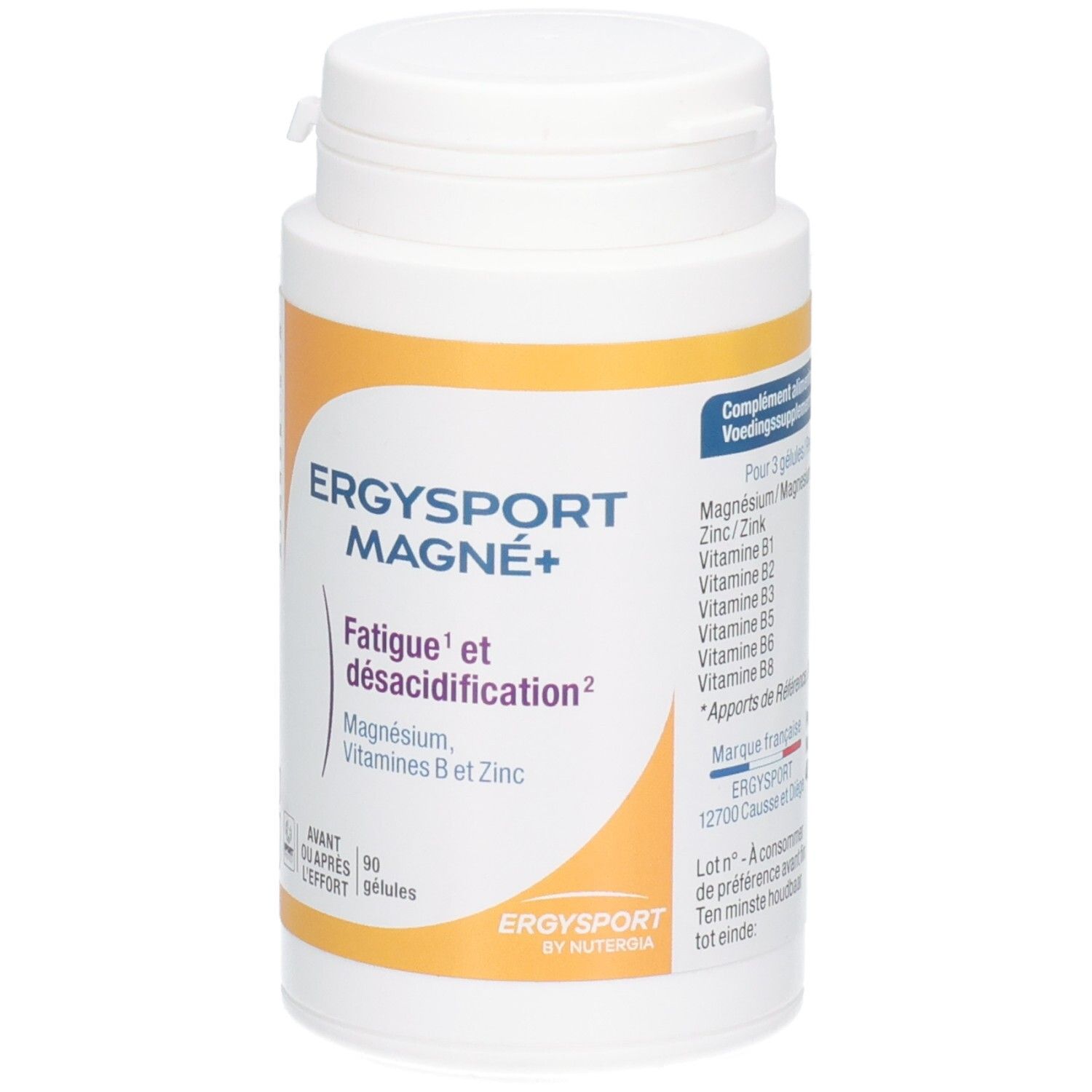 Flacon blanc Ergysport Magne+ avec accent jaune. Inscription: Fatigue et désacidification, Magnésium, Vitamines B et Zinc.