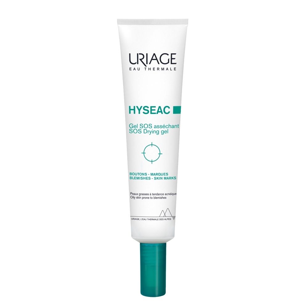 Uriage Hyseac Gel SOS : Tube blanc, bouchon vert. Symbole de soin de la peau.