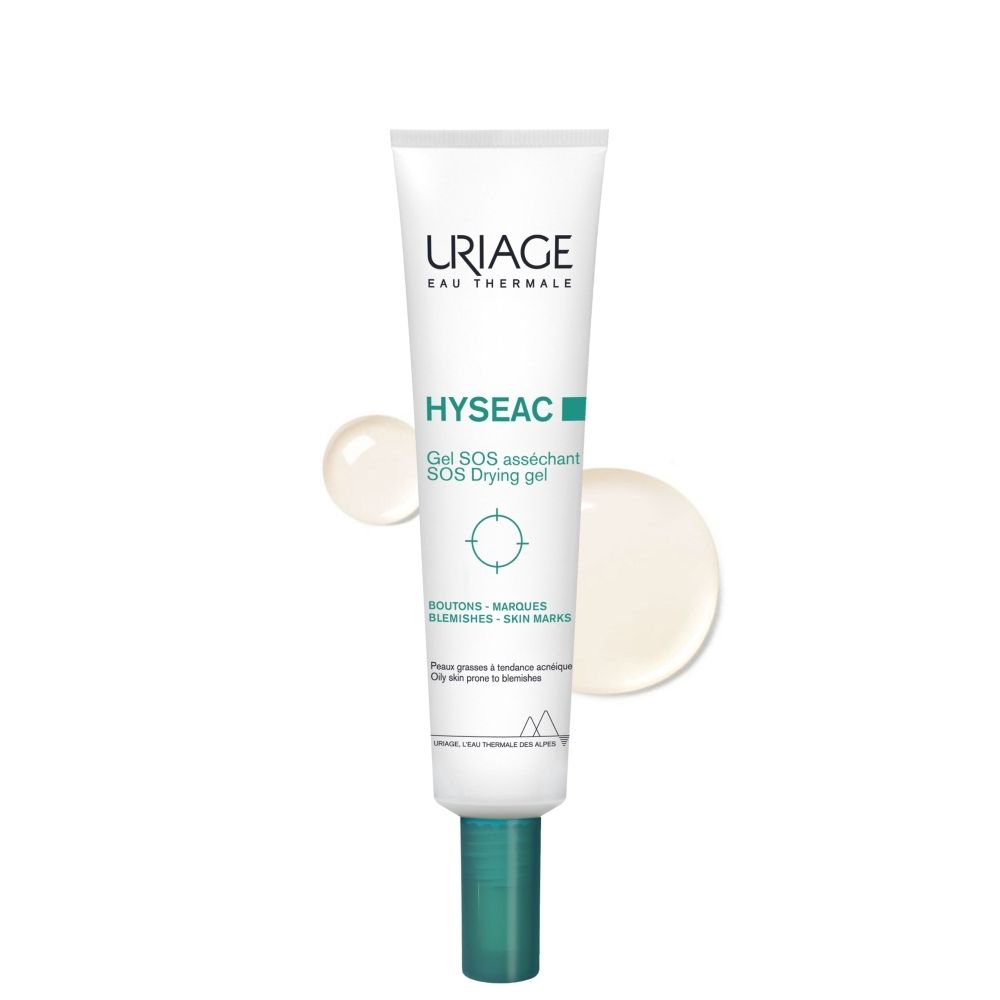 Uriage Hyseac Gel SOS : Tube avec bouchon vert, deux gouttes de gel à côté.