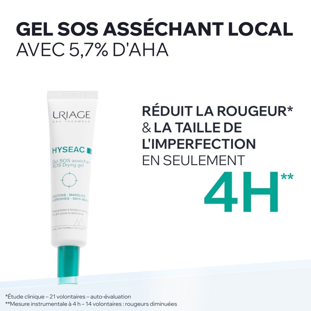 Uriage Hyseac Gel SOS : Tube avec bouchon vert. Texte : "Gel SOS asséchant local avec 5,7% d'AHA".