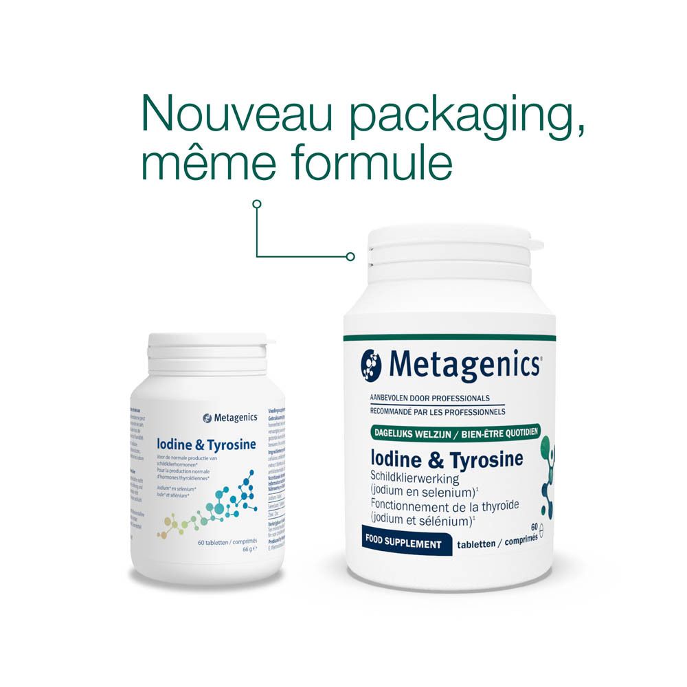 Deux flacons blancs de comprimés. Inscription: Iodine & Tyrosine, Metagenics. 60 comprimés. Complément alimentaire.