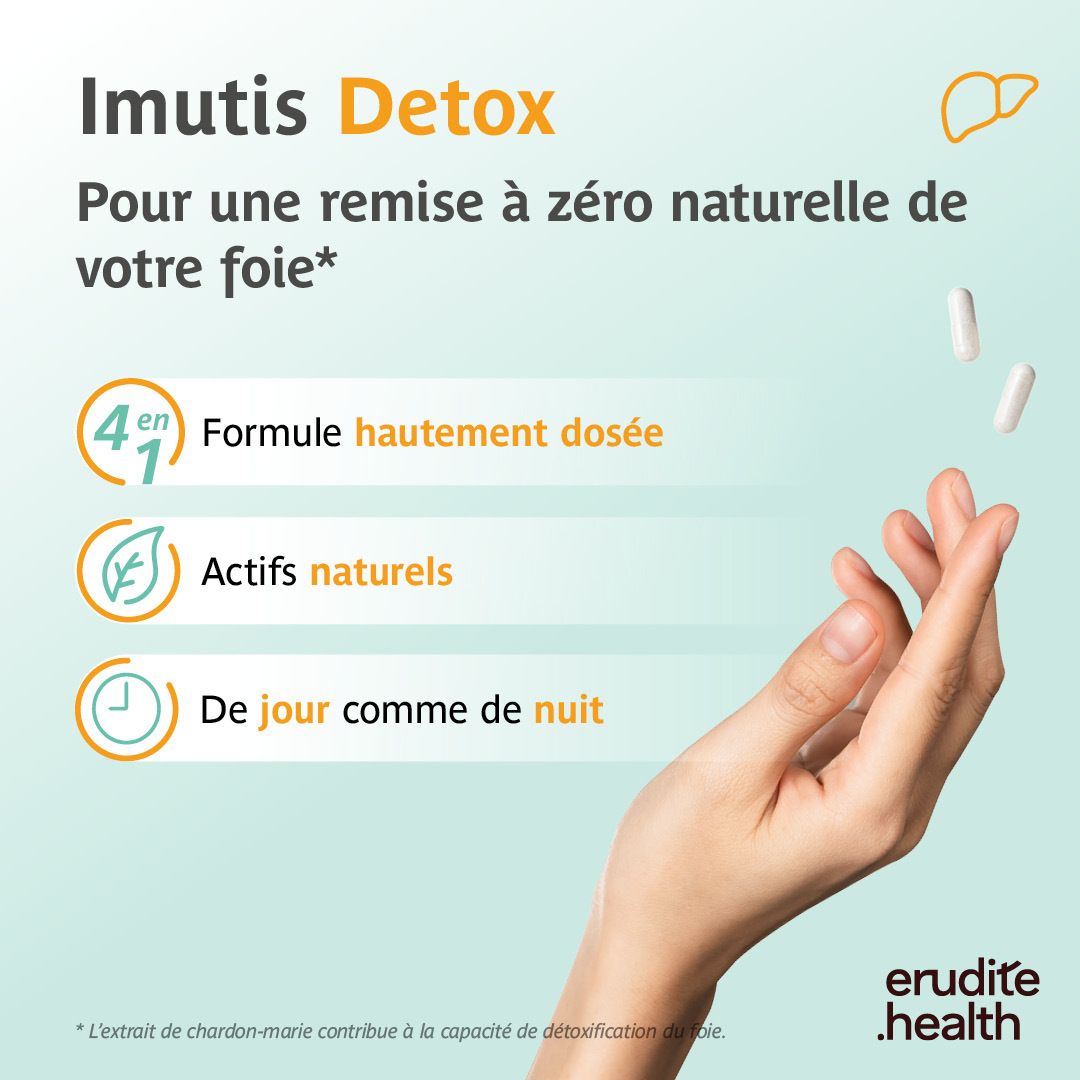 Boîte d'Imutis Detox 120 gélules avec illustration du foie.