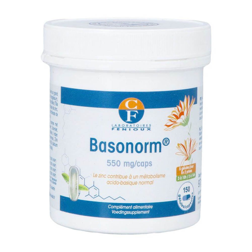 Boîte cylindrique blanche avec couvercle. Inscription: Basonorm® 550 mg/caps. Contient 150 capsules.