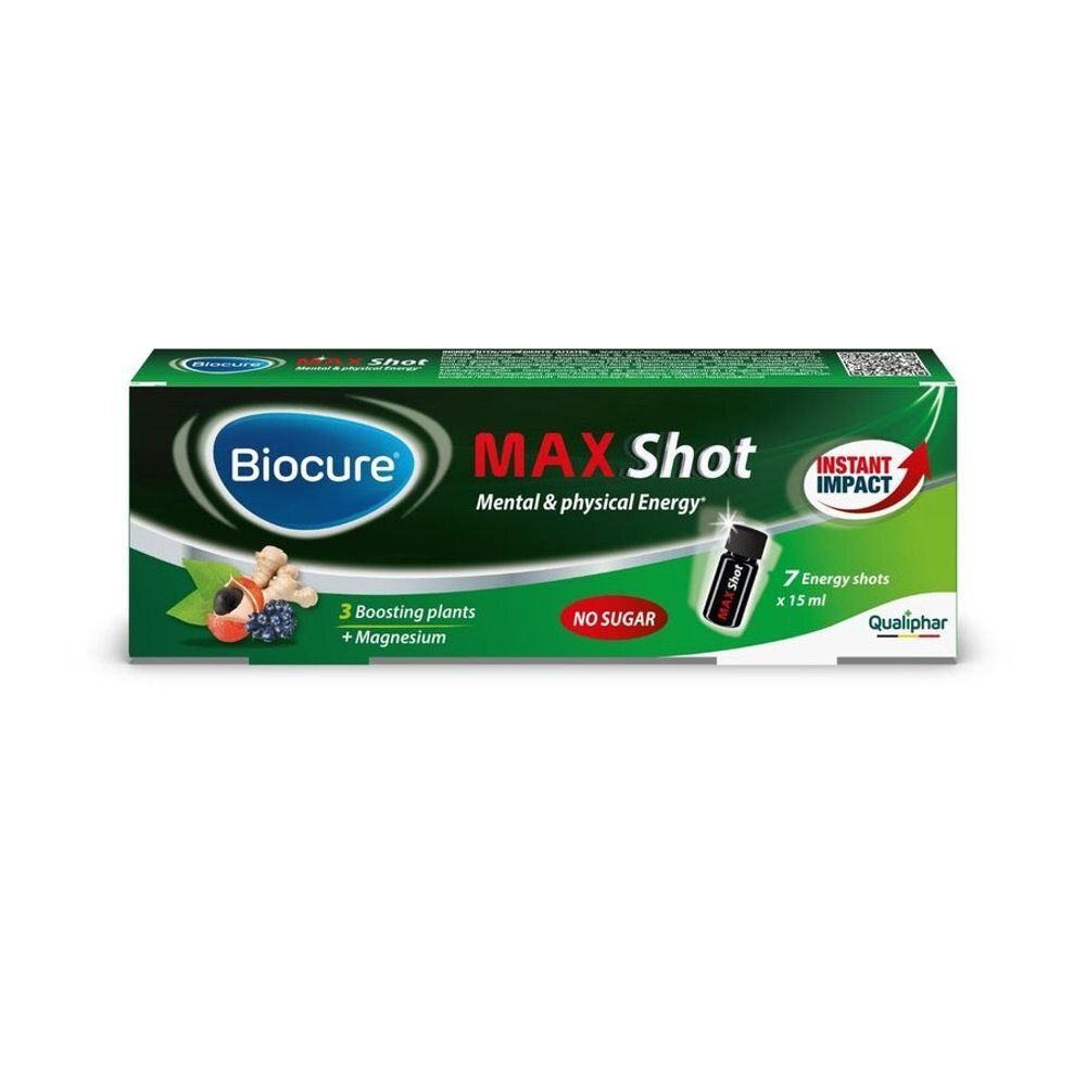 Boîte verte Biocure MAX Shot. 7 shots. Inscription : Mental & physical Energy. Avec 3 plantes et magnésium. Sans sucre. Qualiphar.