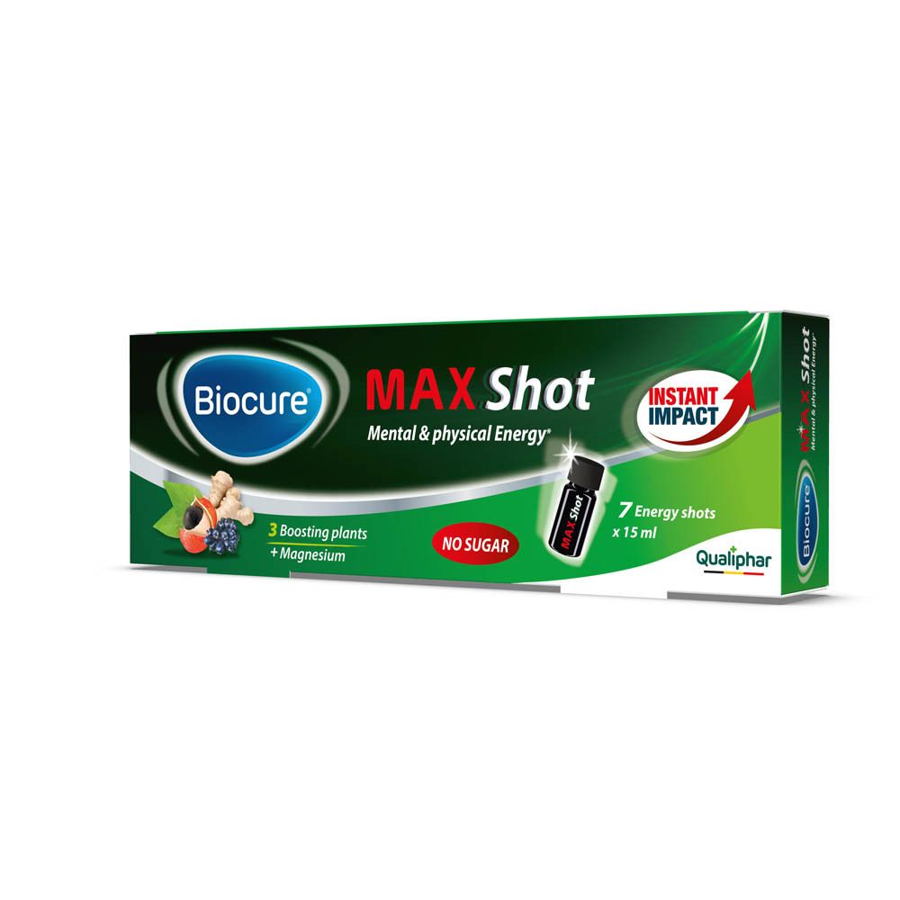 Boîte verte Biocure MAX Shot. 7 shots. Inscription : Mental & physical Energy. Avec 3 plantes et magnésium. Sans sucre. Qualiphar.