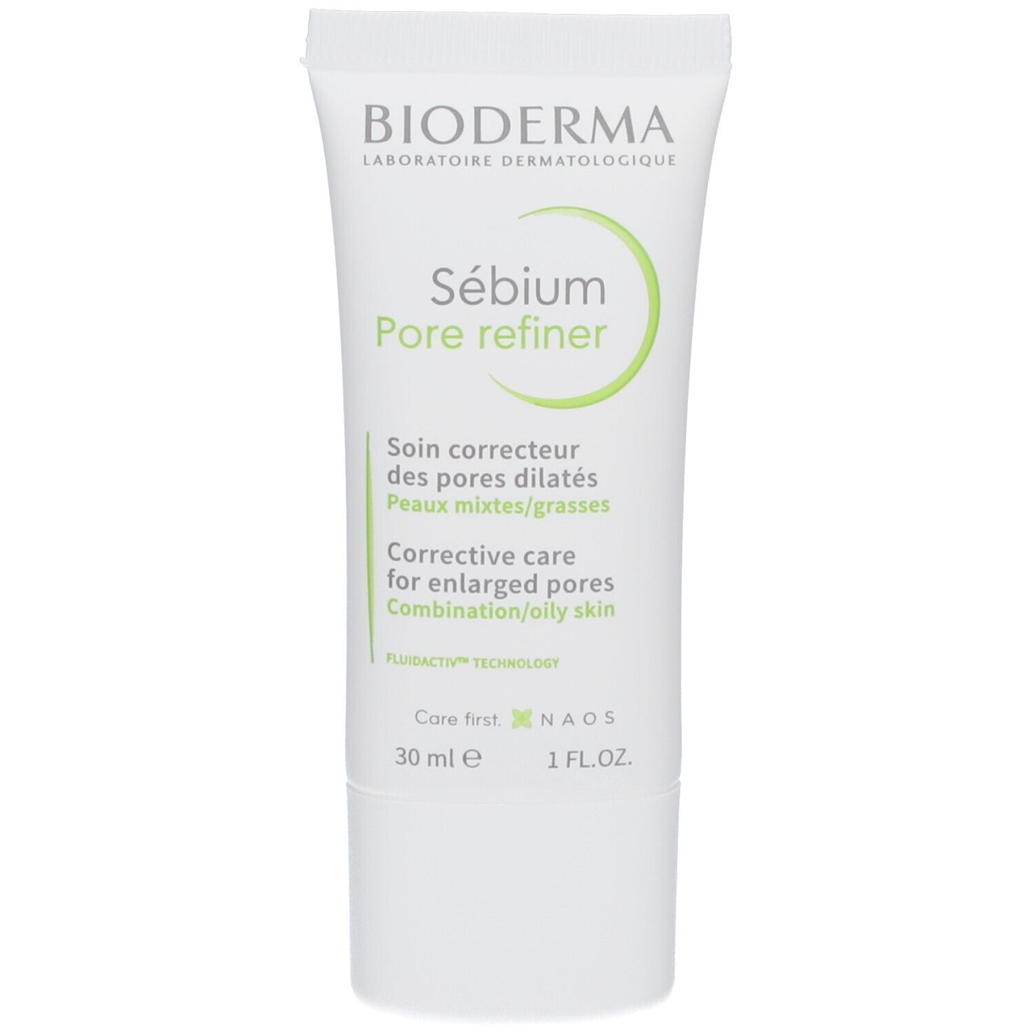Tube blanc avec impression verte. Contient "Sébium Pore refiner". Texte en anglais et français. 30 ml.