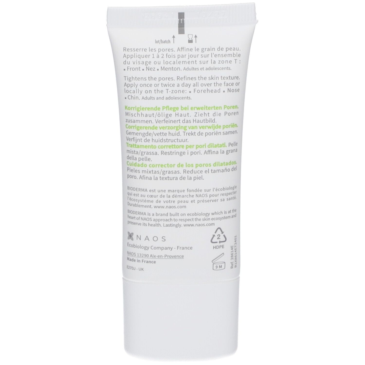 Dos du tube. Texte multilingue. Instructions d'utilisation. Informations du fabricant. Symbole de recyclage.