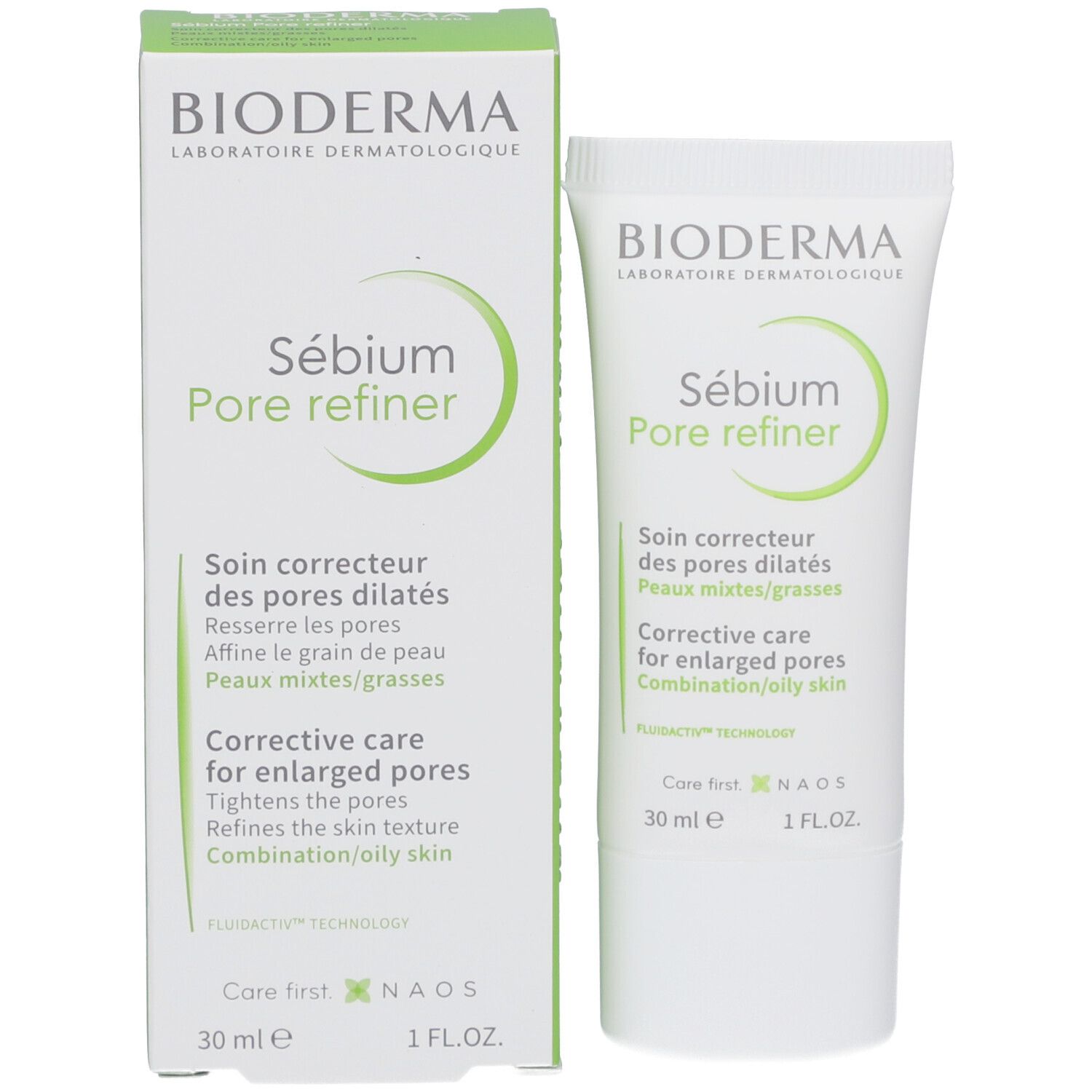 Emballage du produit. Tube et boîte. Les deux avec un design vert et du texte. Contient "Sébium Pore refiner". 30 ml.