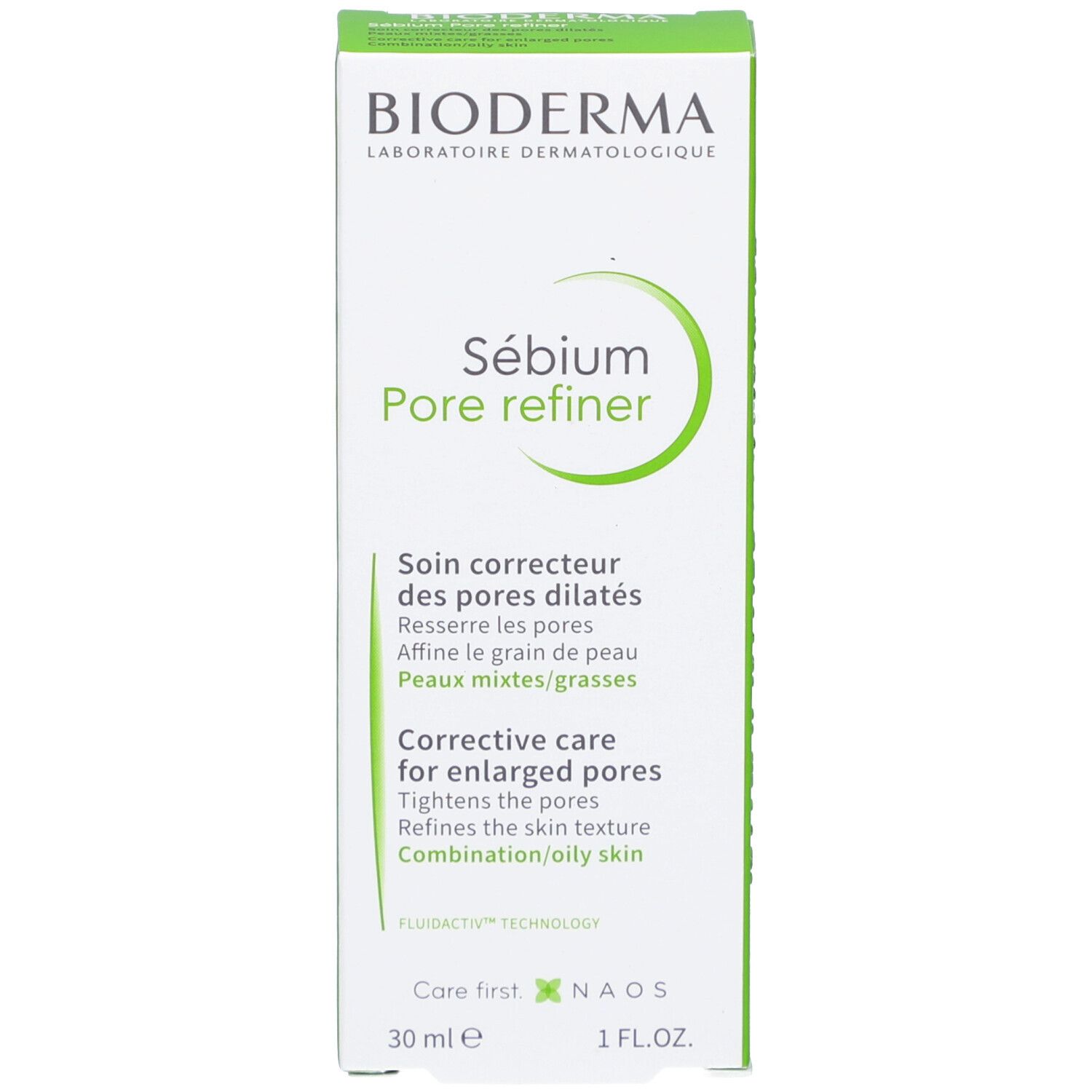 Boîte verte avec texte blanc. Contient "Sébium Pore refiner". Texte en anglais et français. 30 ml.