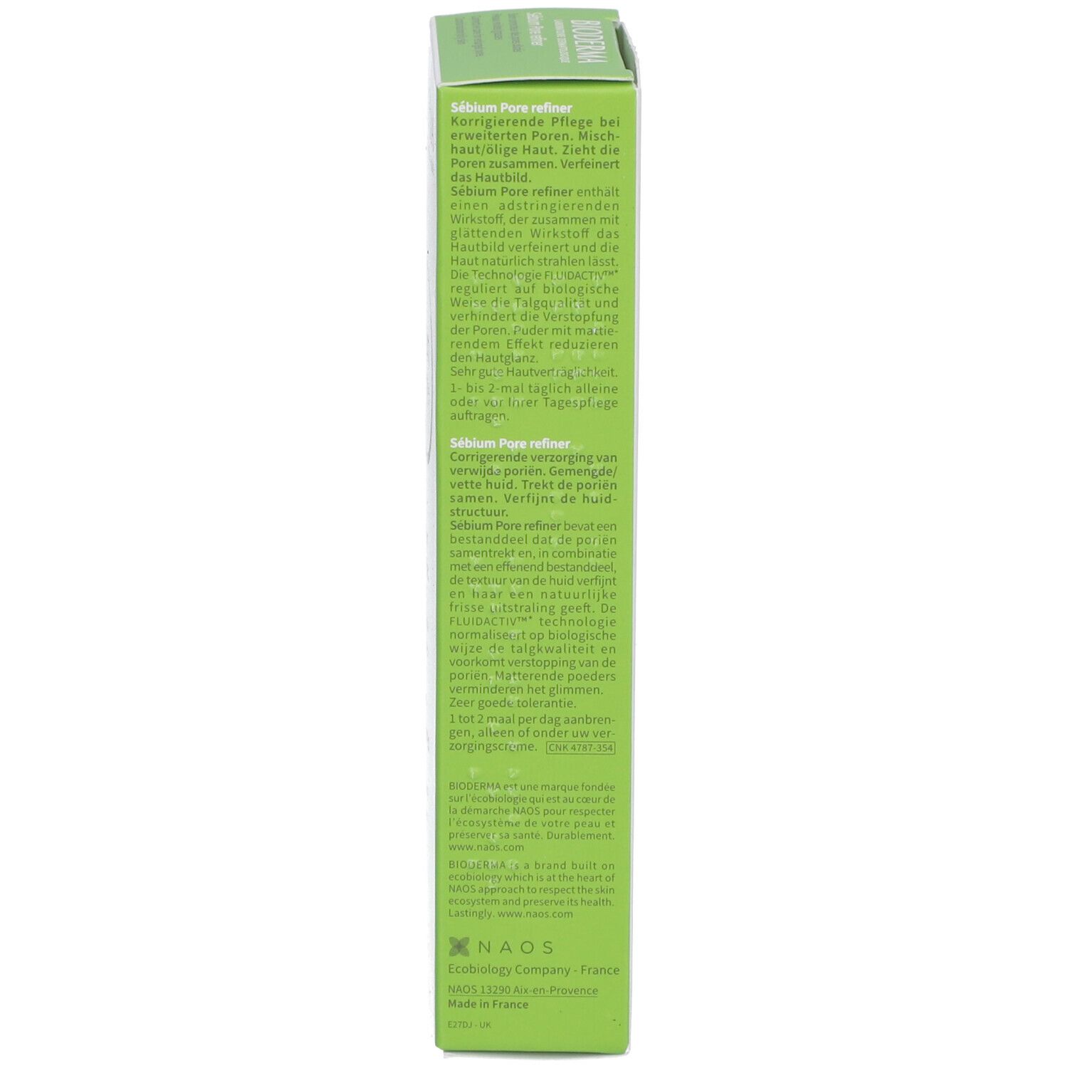 Côté de la boîte. Texte en allemand. Informations et instructions sur le produit. Couleurs vertes et blanches.