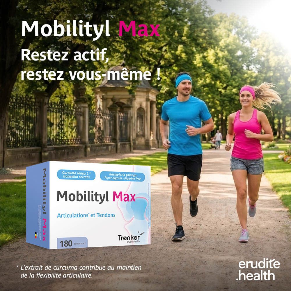 Boîte de 180 comprimés Mobilityl Max, contient Curcuma longa et Kaempferia galanga.