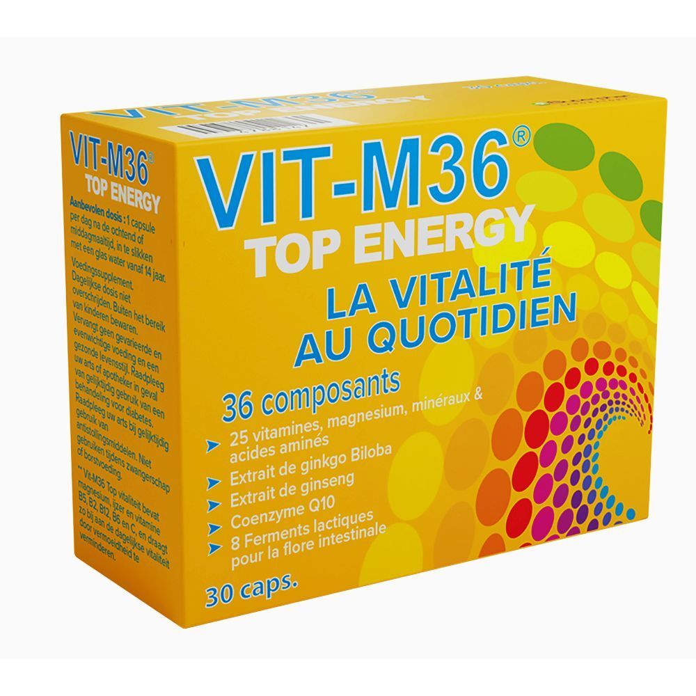 Boîte jaune "VIT-M36 TOP ENERGY". Contient 30 capsules. Inscription: "36 composants", "25 vitamines, magnésium, minéraux & acides aminés".