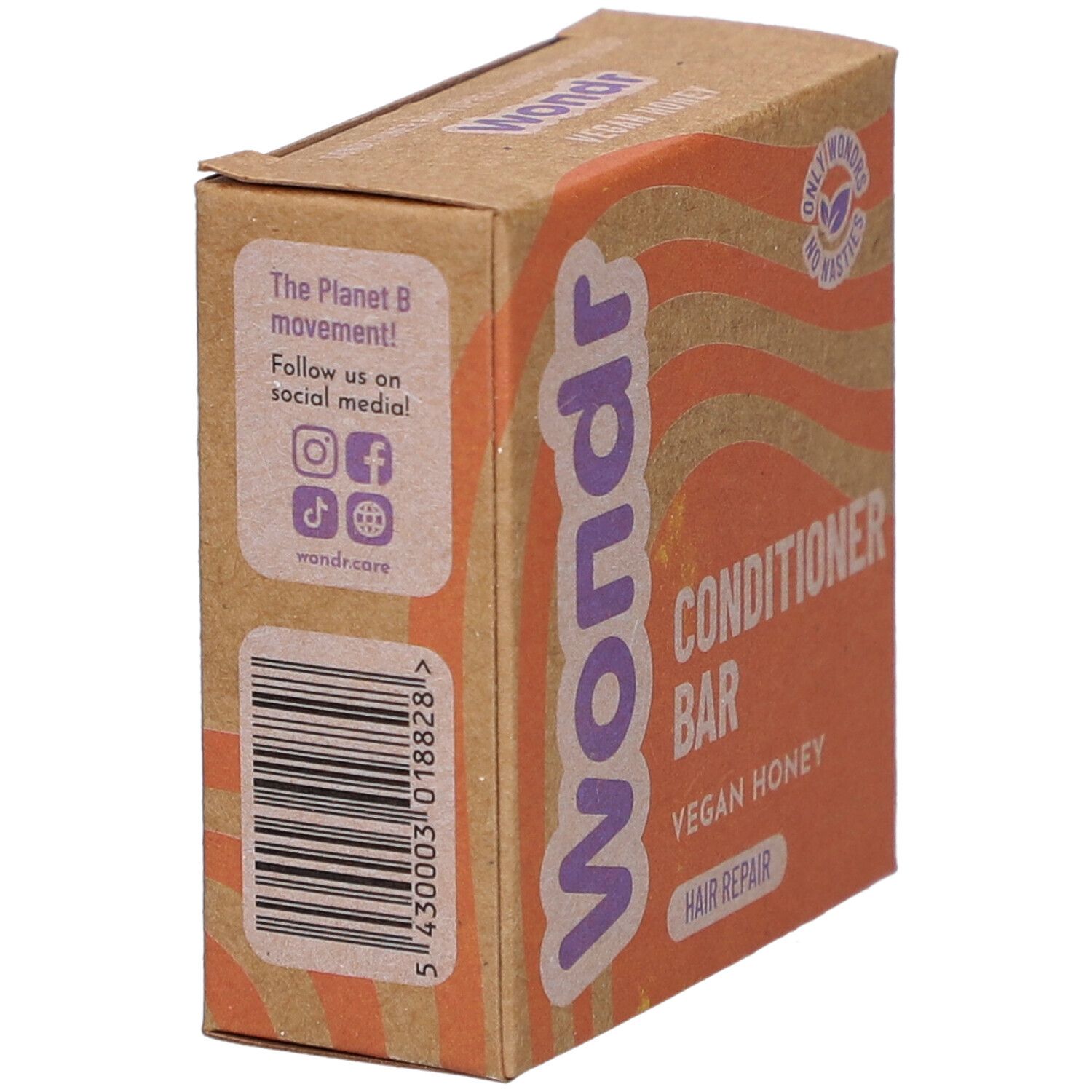 Boîte en carton avec nom et description du produit. Inscription : Wondr Conditioner Bar Vegan Honey Hair Repair. Code-barres.