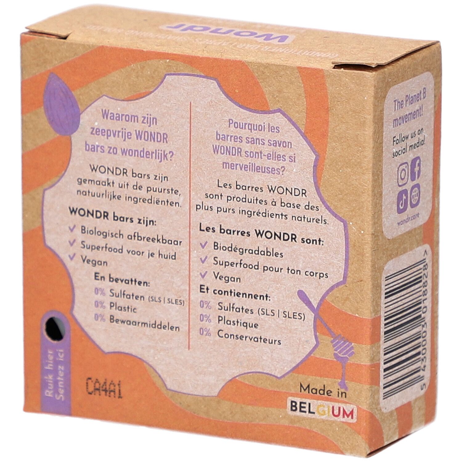 Dos de la boîte en carton. Texte en allemand et en français. Contient des informations sur les ingrédients et les certifications.