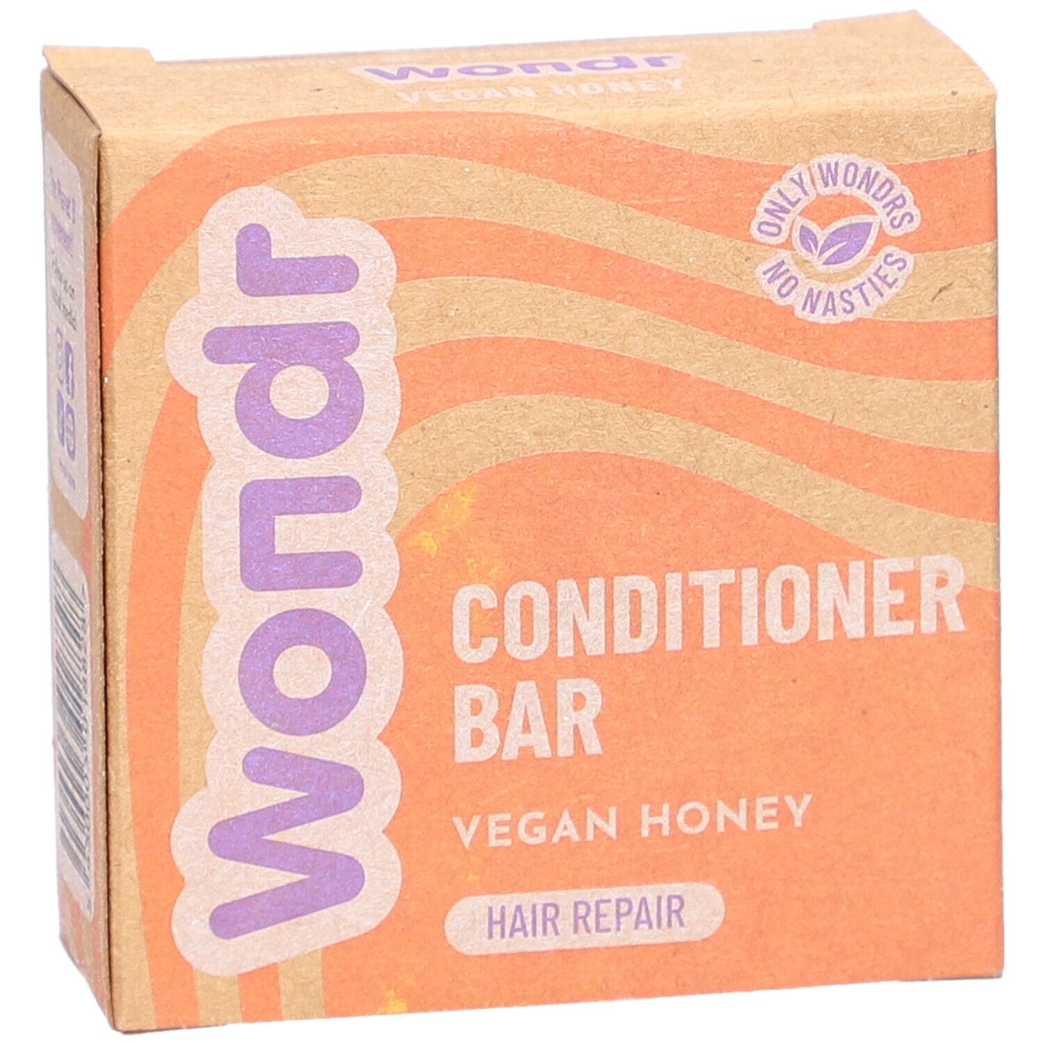 Boîte en carton avec nom et description du produit. Inscription : Wondr Conditioner Bar Vegan Honey Hair Repair.
