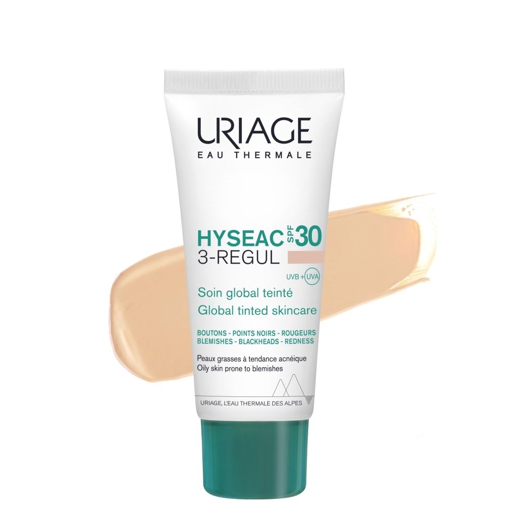 Tube de soin global teinté Uriage Hyseac SPF30 3-Regul avec bouchon vert.