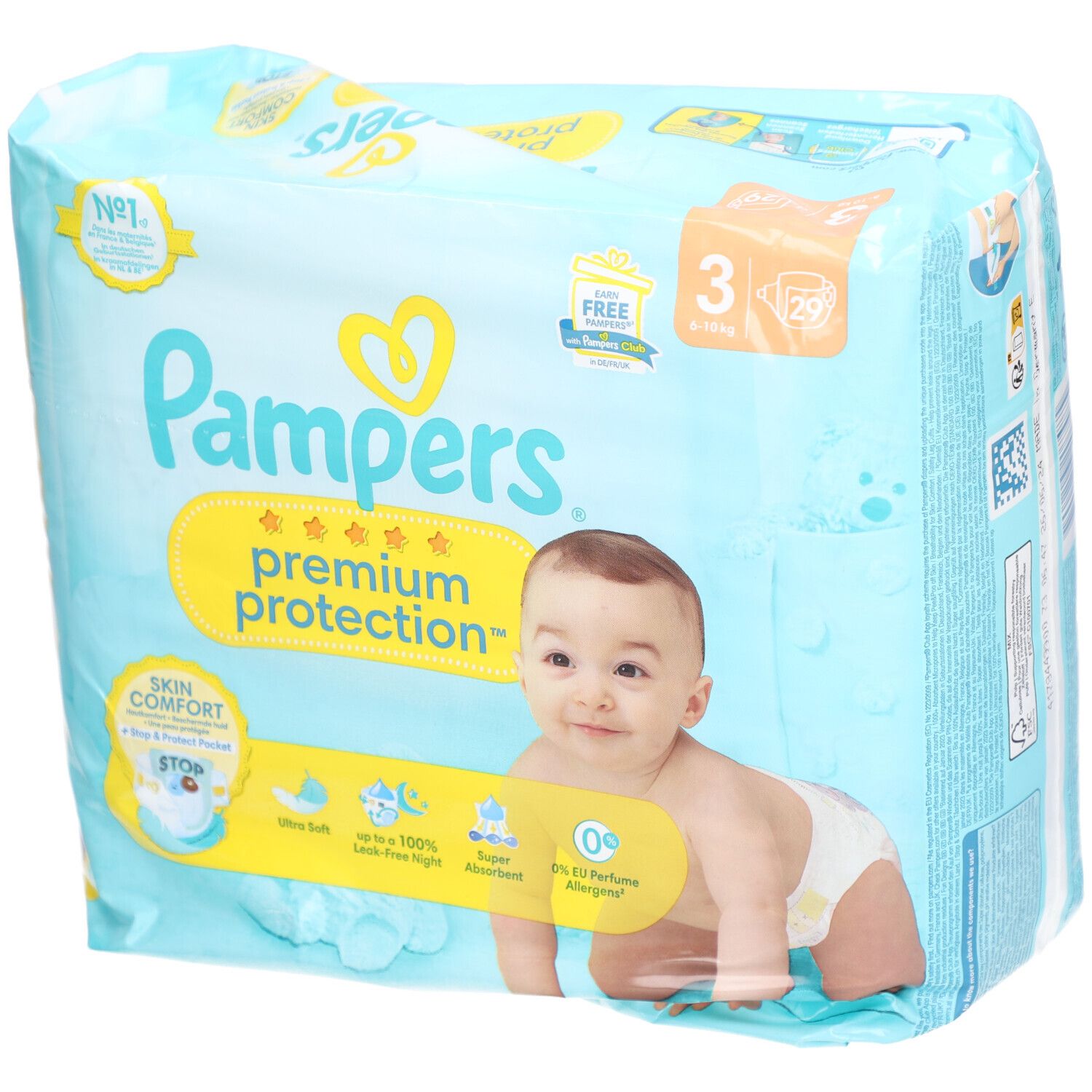 Paquet de couches Pampers Premium Protection taille 3. Bébé sur l'emballage. Inscription: Ultra doux, anti-fuites jusqu'à 100%, super absorbant.