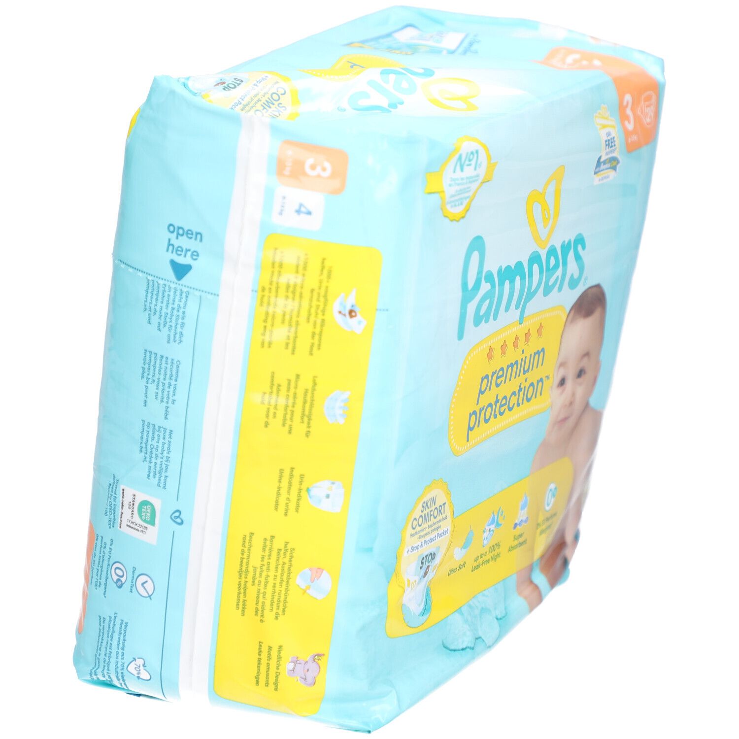 Paquet de couches Pampers Premium Protection taille 3, vue latérale. Inscription: Ultra doux, anti-fuites jusqu'à 100%, super absorbant.