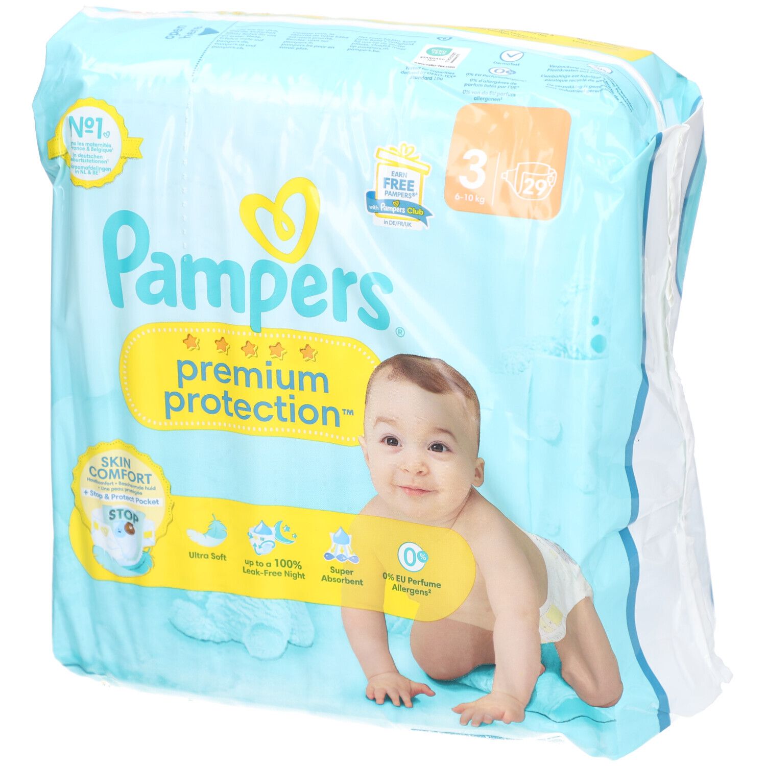 Paquet de couches Pampers Premium Protection taille 3. Bébé sur l'emballage. Inscription: Ultra doux, anti-fuites jusqu'à 100%, super absorbant, 0% parfum.