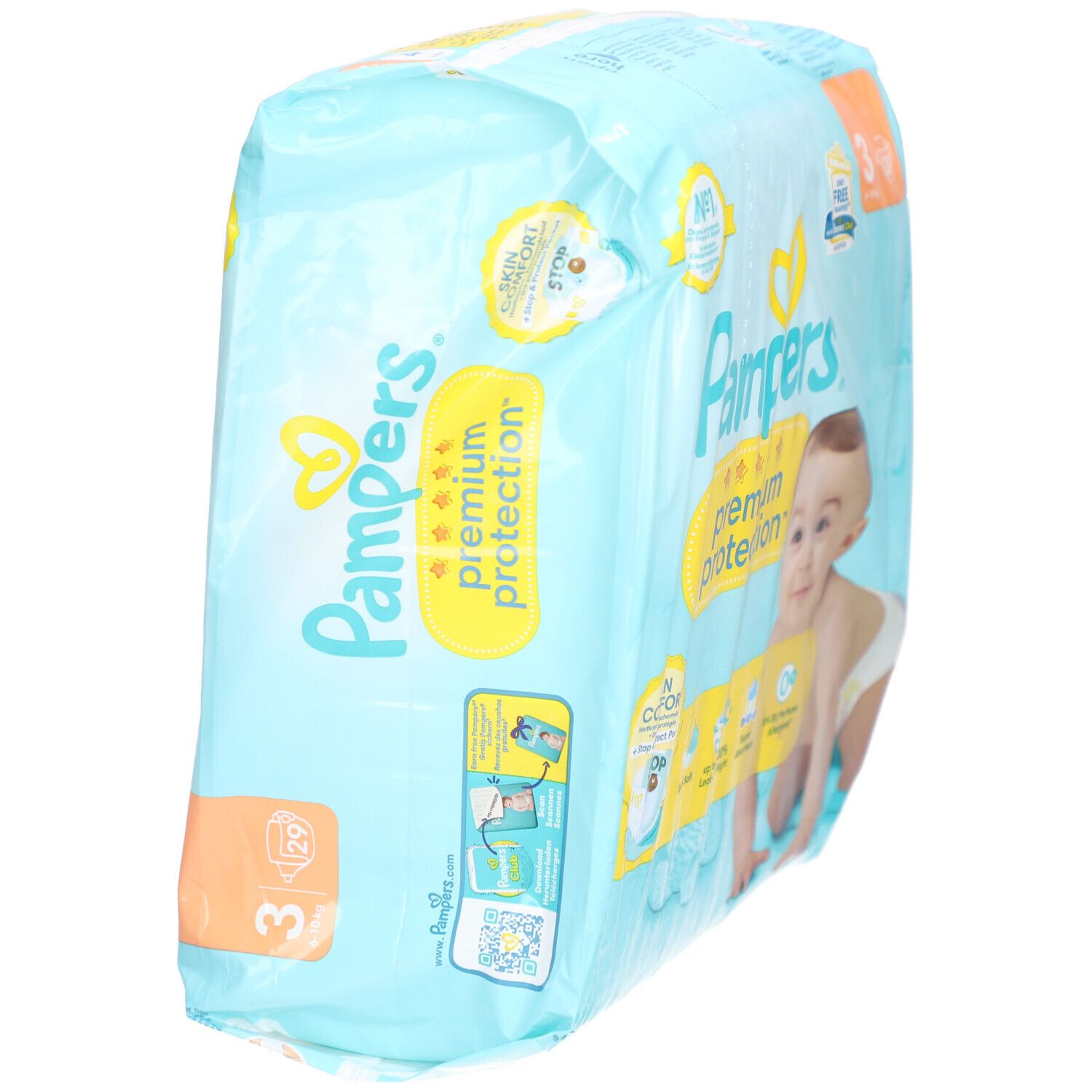 Paquet de couches Pampers Premium Protection taille 3, vue latérale. Inscription: Ultra doux, anti-fuites jusqu'à 100%, super absorbant, 0% parfum.