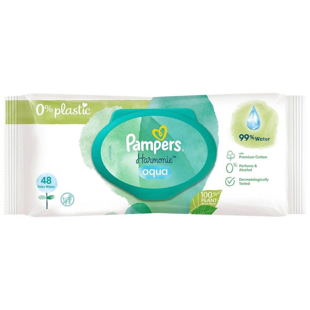 Paquet de lingettes Pampers Harmonie Aqua. 48 lingettes. 99% d'eau. 0% plastique. Testé dermatologiquement.