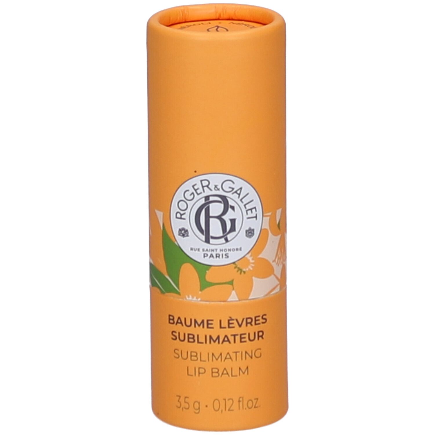 Emballage cylindrique orange. Inscription: Roger & Gallet, Baume Lèvres, Sublimating Lip Balm. 3,5g - 0,12 fl oz.