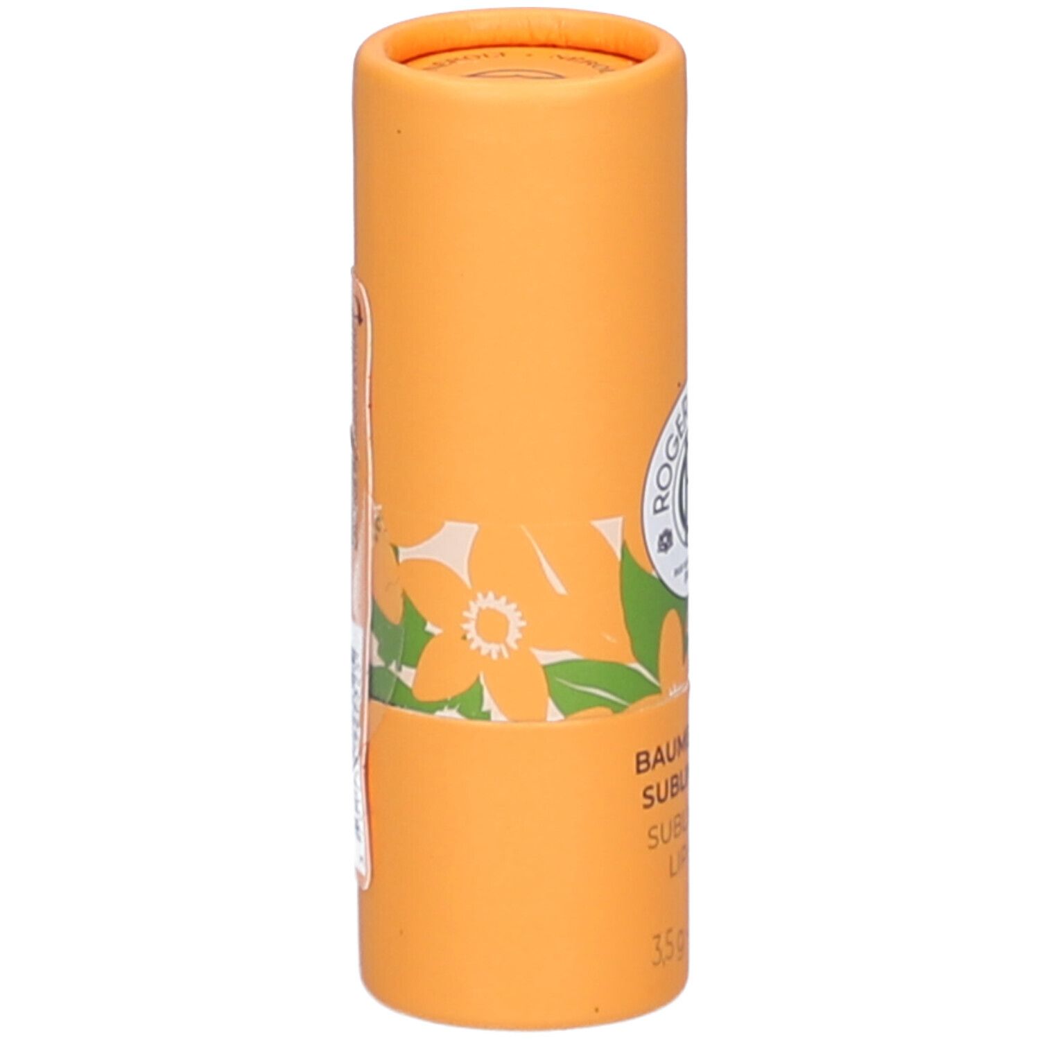 Emballage cylindrique orange. Étiquette avec texte et motif floral. Marque Roger & Gallet visible.