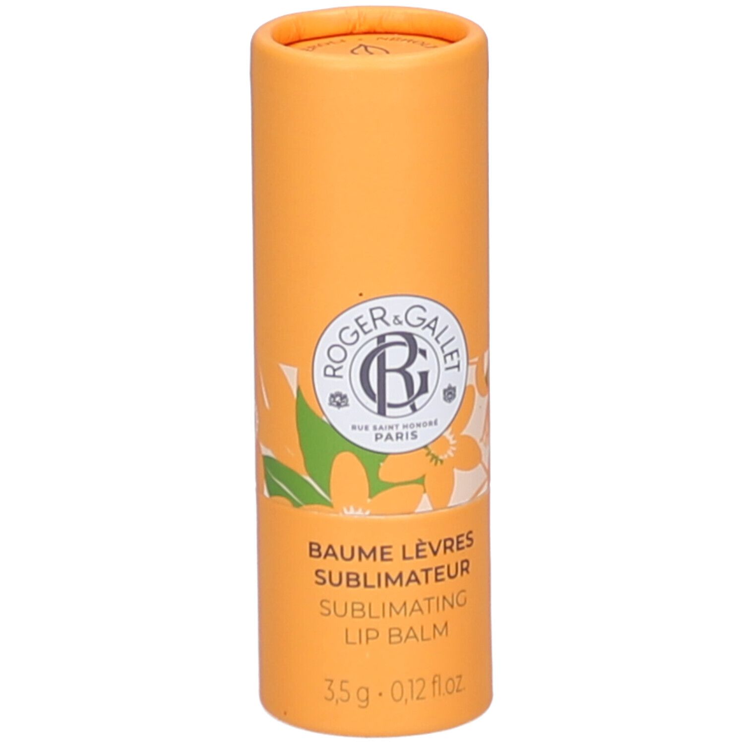 Emballage cylindrique orange. Inscription: Roger & Gallet, Baume Lèvres, Sublimating Lip Balm. 3,5g - 0,12 fl oz.