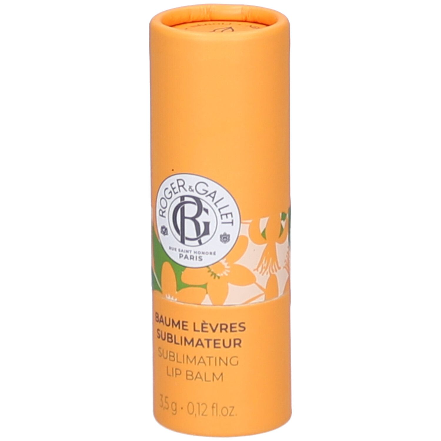 Emballage cylindrique orange. Inscription: Roger & Gallet, Baume Lèvres, Sublimating Lip Balm. 3,5g - 0,12 fl oz.