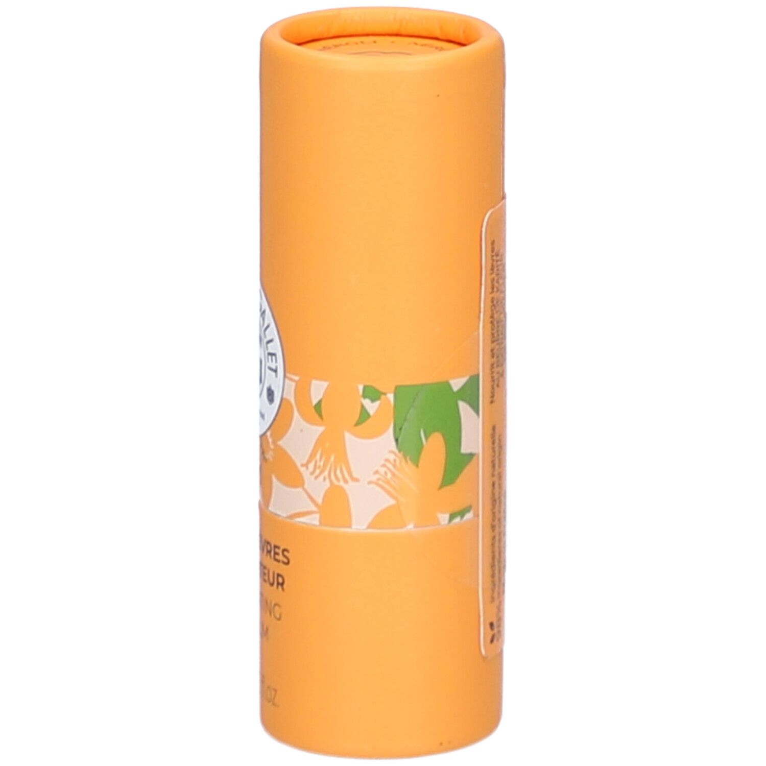 Emballage cylindrique orange. Étiquette avec texte: Baume Lèvres, Sublimating Lip Balm. Marque Roger & Gallet.