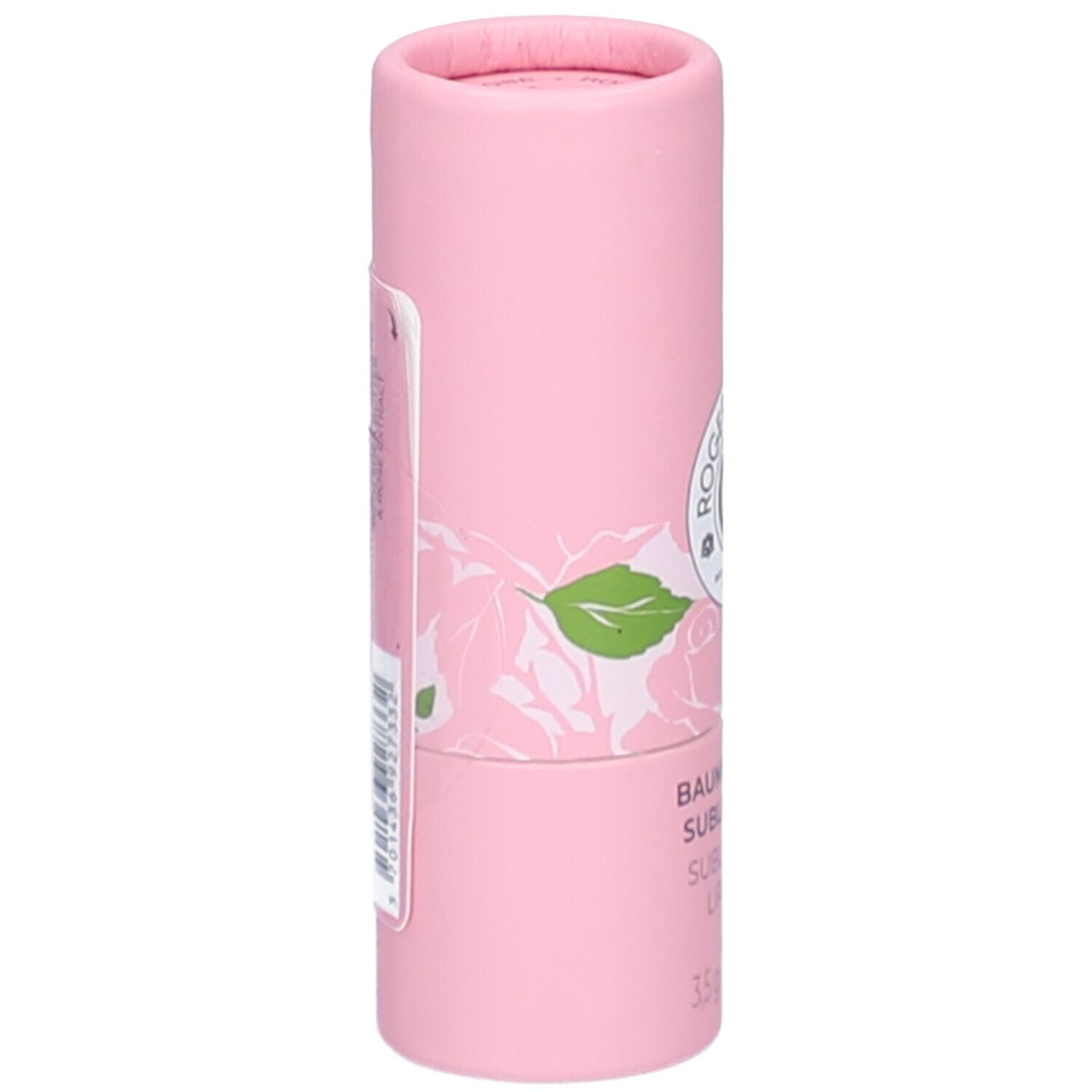 Emballage cylindrique rose. Inscription: Roger&Gallet, Baume Lèvres, 3,5g. Décor de roses.