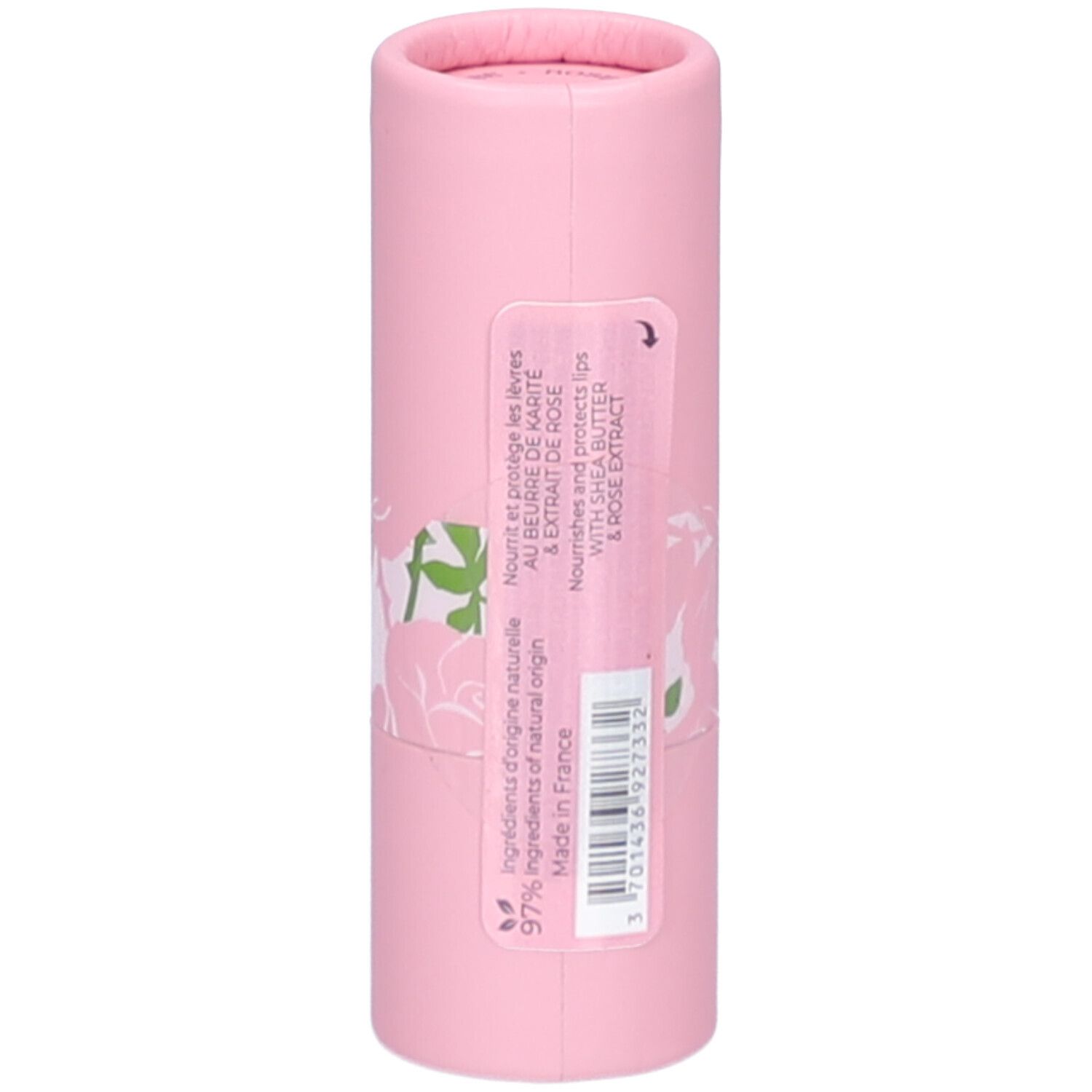 Emballage cylindrique rose. Inscription: Roger&Gallet, Baume Lèvres, 3,5g. Décor de roses.