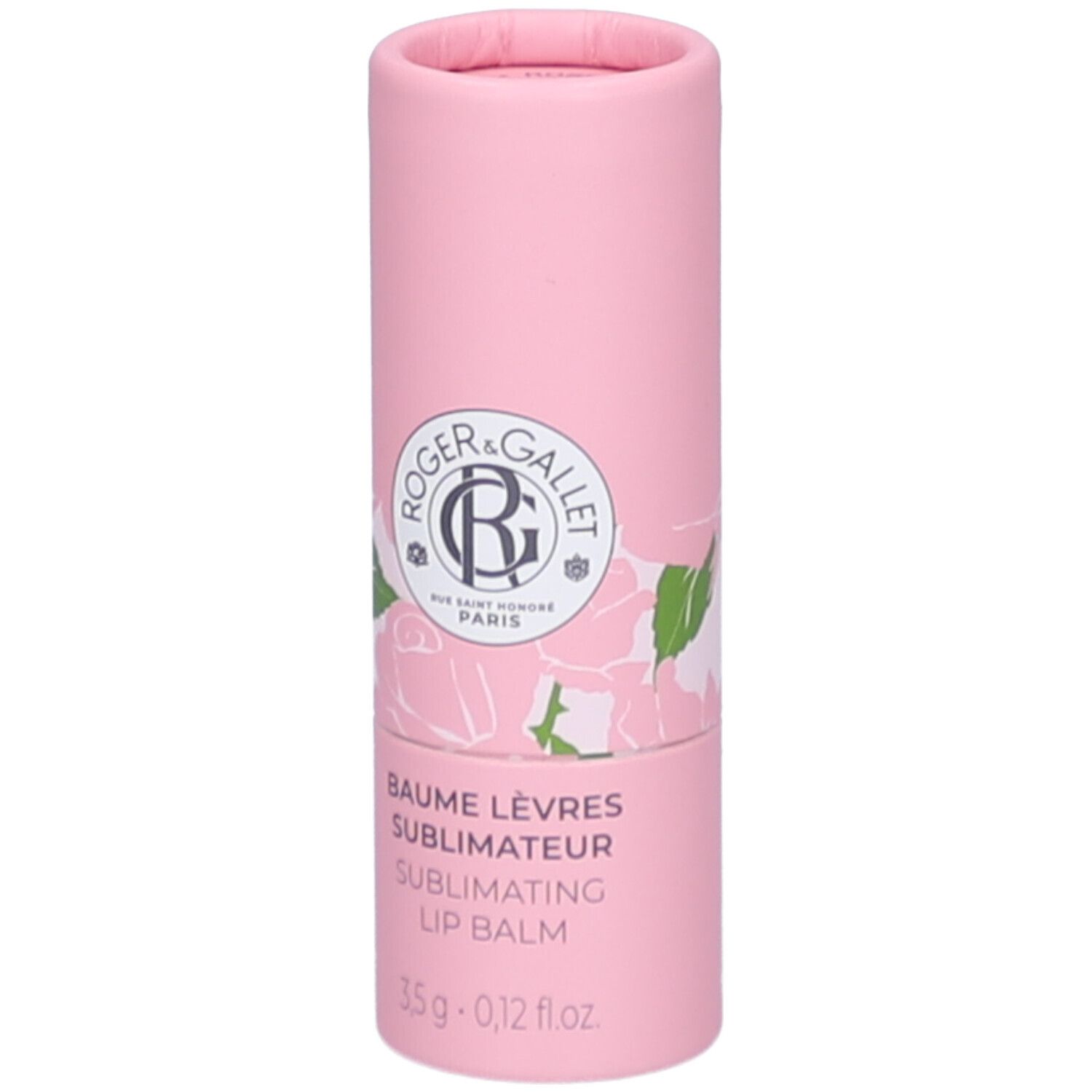 Emballage cylindrique rose. Inscription: Roger&Gallet, Baume Lèvres, 3,5g. Décor de roses.