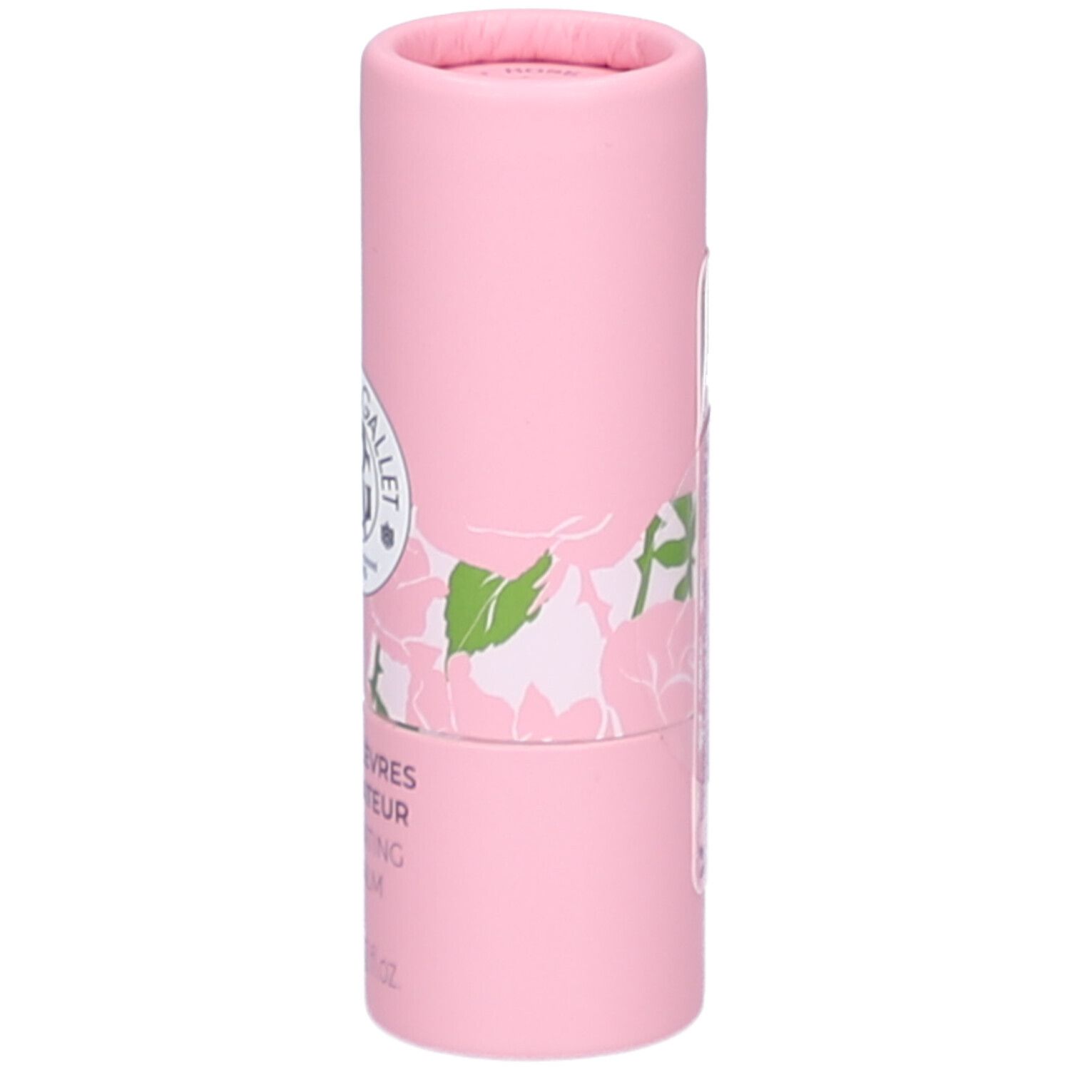 Emballage cylindrique rose. Inscription: Roger&Gallet, Baume Lèvres, 3,5g. Décor de roses.