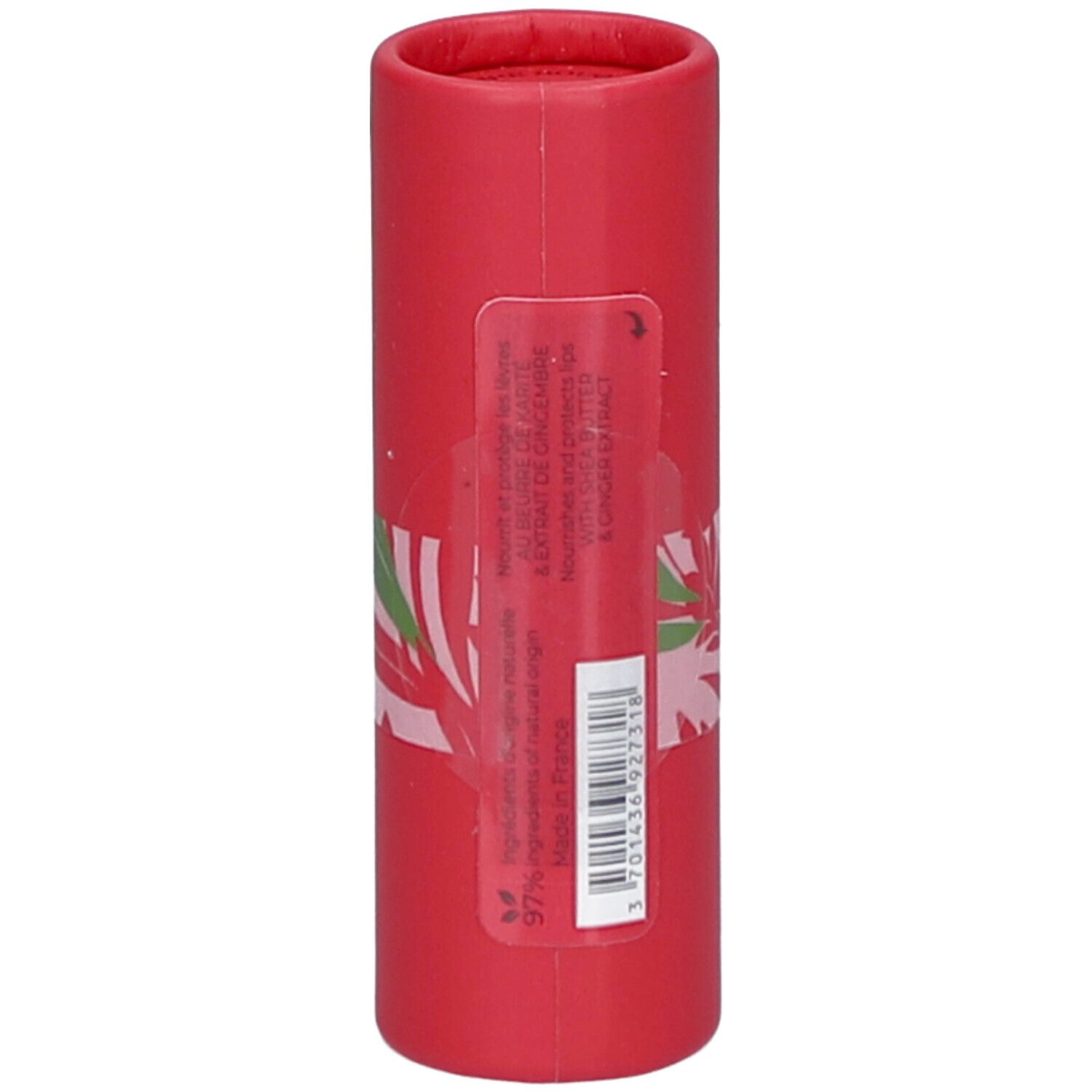 Emballage cylindrique rouge. Autocollant avec informations produit, ingrédients et code-barres. Fabriqué en France.