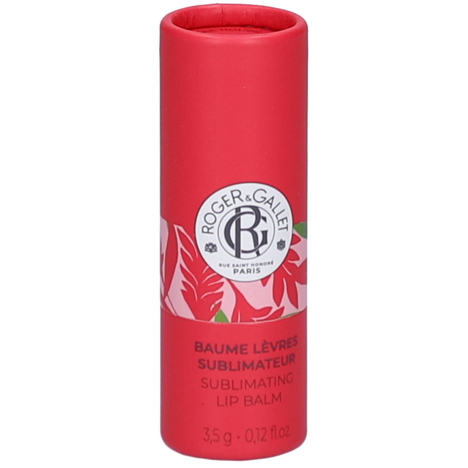 Emballage cylindrique rouge. Inscription: ROGER & GALLET, Baume Lèvres Sublimateur, Lip Balm. 3,5 g - 0,12 fl. oz.