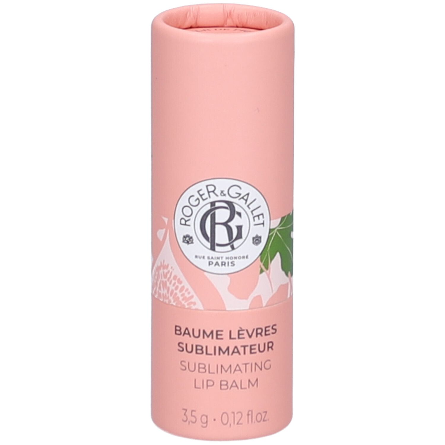 Emballage cylindrique rose. Logo et texte: ROGER & GALLET. Nom du produit: BAUME LÈVRES SUBLIMATEUR. 3,5 g.